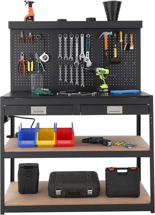 KOKEBREN 48'' 3-Tier Adjustable Workbench, Heavy Duty Workbench with Drawer and Backplate, 2000 LBS Capacity Work Table, Suitable for Office, Garage, Workshop