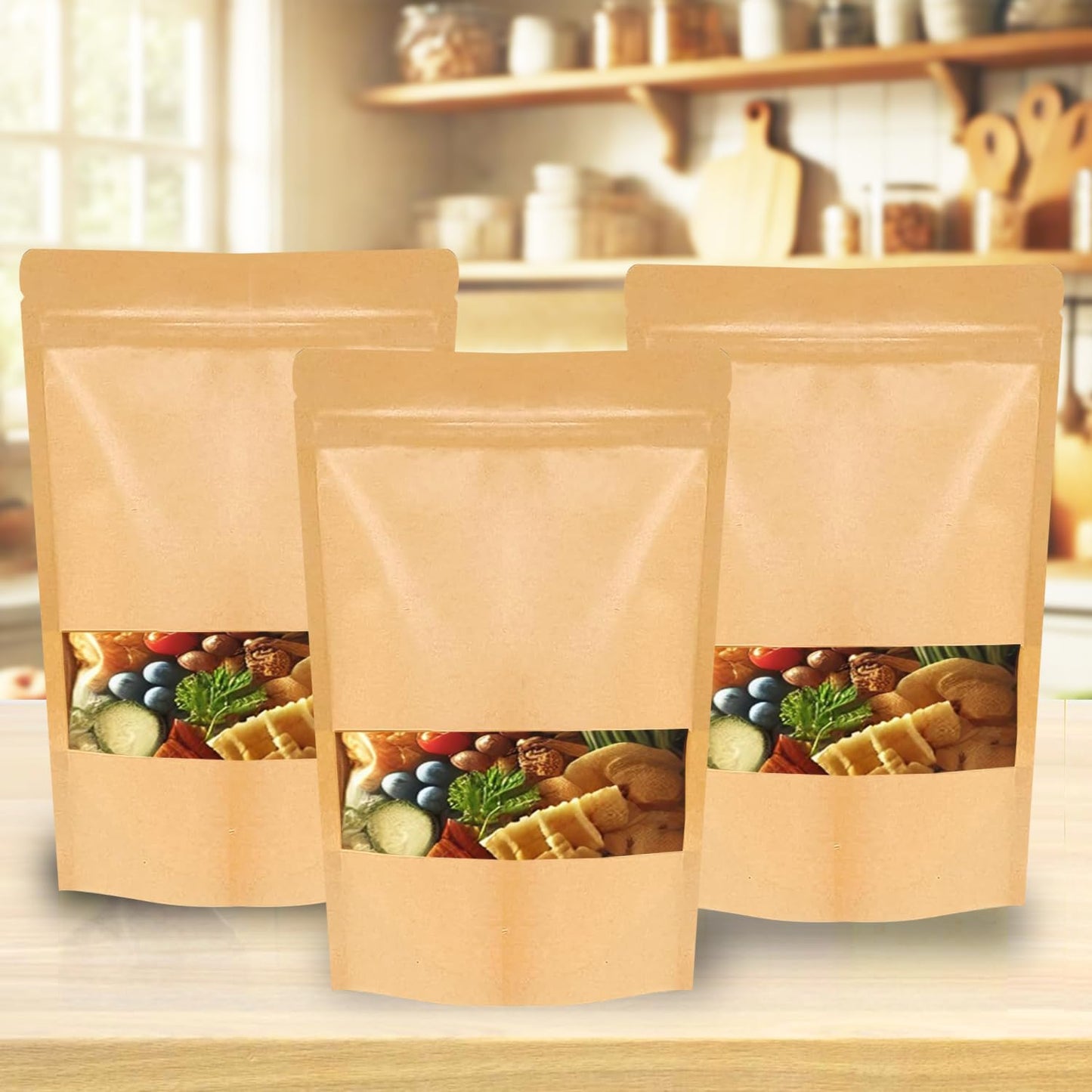 Kraft Paper Bags with Window 100 Pack - Resealable Food Grade Brown Pouches, 5.5x7.9 Inch Eco-Friendly Stand Up Packaging Bags for Coffee, Bakeries, Retail Displays & Small Business Storage