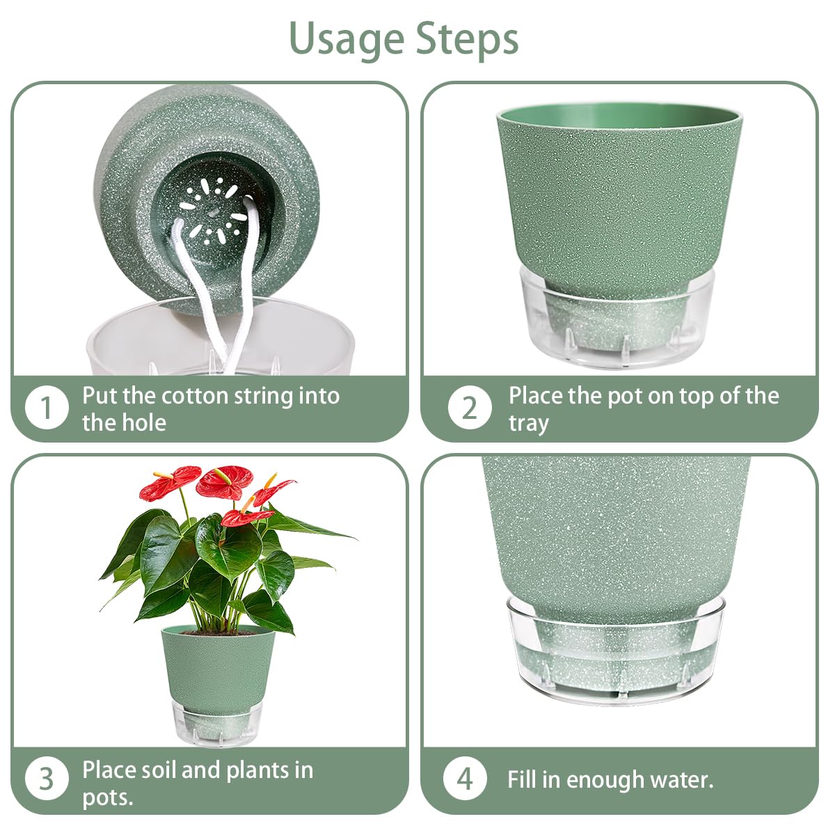 HYNZ Green Self Watering Plant Pots - 6" Planters for Indoor Plants - Pack of 5 Flower Pots - Plant Pots with Drainage Hole and Tray Saucer (Frosted Dark Green)