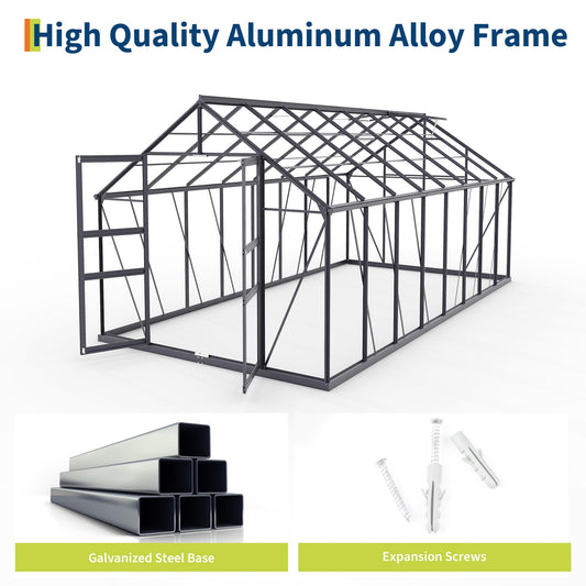 GarveeLife 8*16 ft Outdoor Walk-in Greenhouse, Polycarbonate Green House, Heavy Duty Greenhouse with Vented Roof Window, Windproof Aluminum Frame, Suitable for Outside Gardening, Backyard, Patio