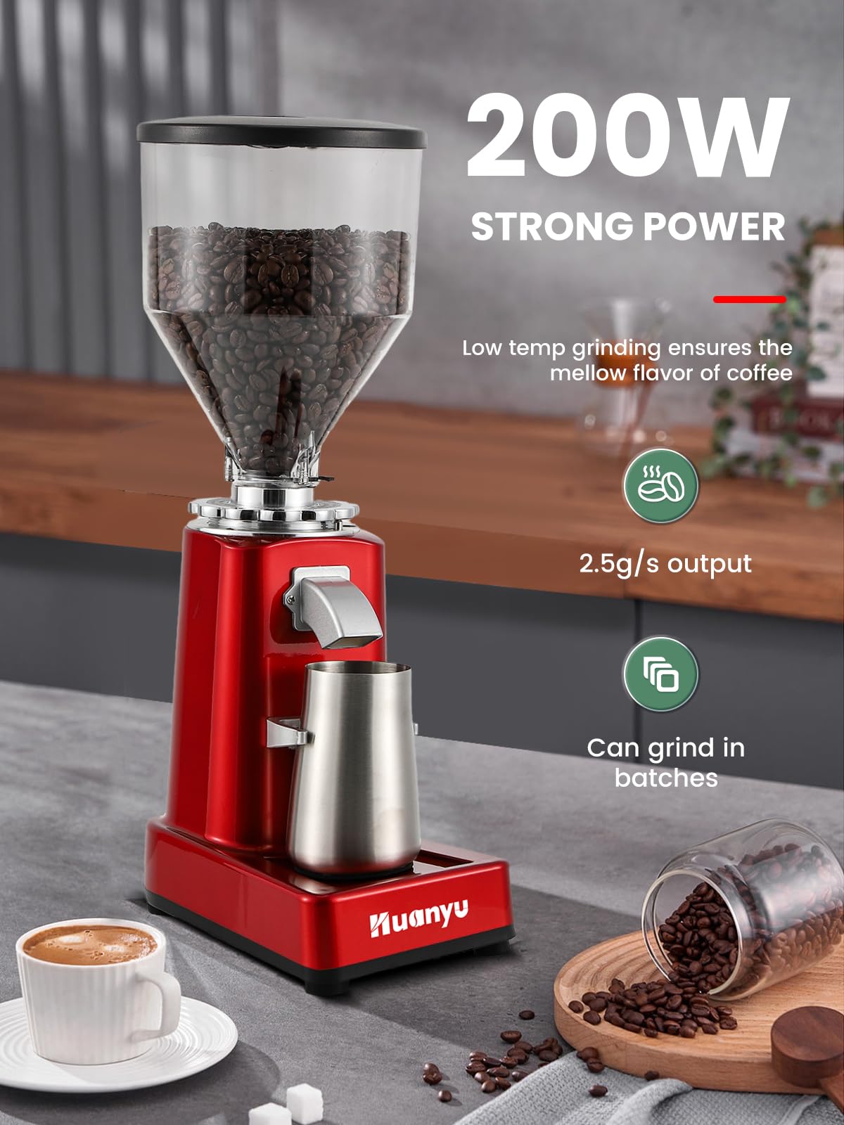 Huanyu Coffee Grinder Electric Adjustable Flat Burr Mill with 19 Precise Grind Setting 35OZ 36Cups Coffee Bean Grinding Machine Upgrade Automatic Point-action for Espresso French Press Red