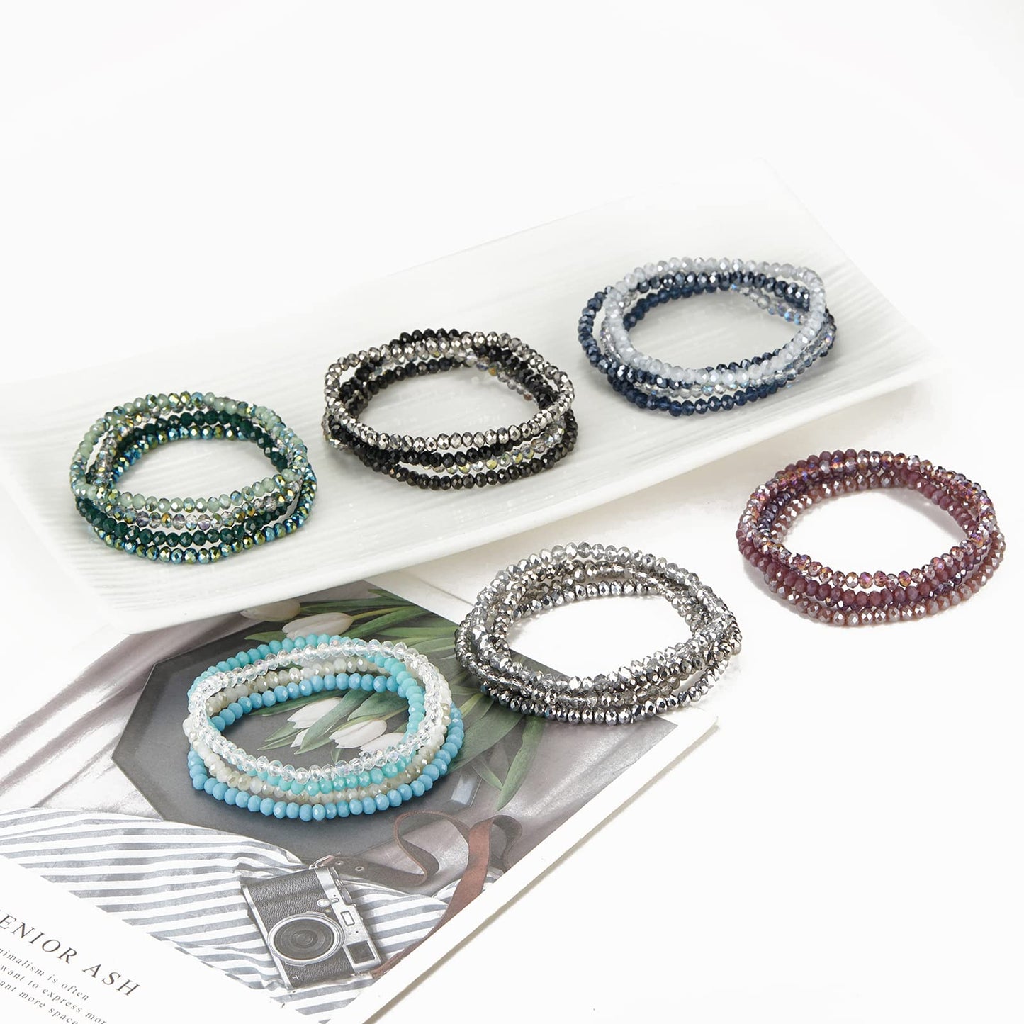 Noessla Beaded Boho Stretch Bracelet Colorful Stackable Crystal Beads Bracelets Trendy Costume Jewelry Mothers Day Gifts for Women(Silver)