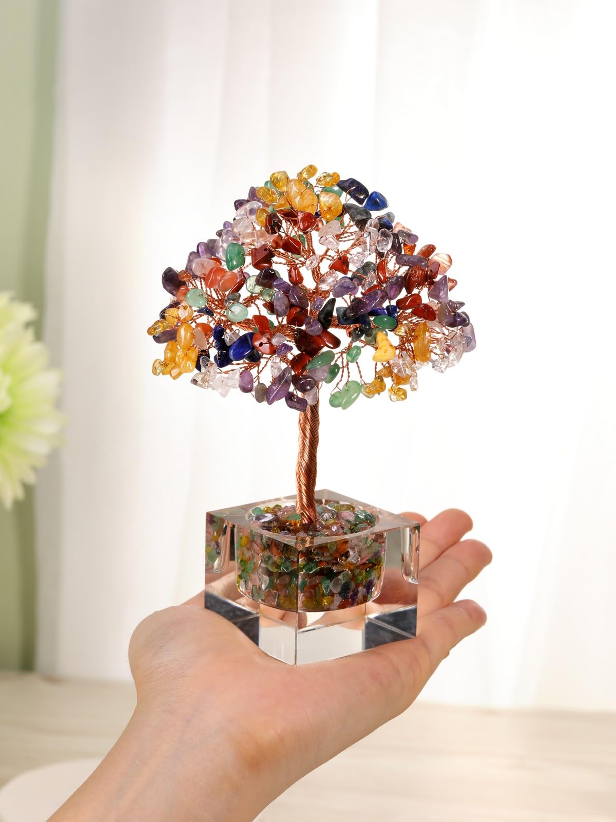 Jovivi Large Crystal Tree with Square Glass Base, 7 Chakra Healing Crystals Life Tree Natural Chipped Gemstone Money Trees Feng Shui Good Luck Positive Energy Home Desk Decor