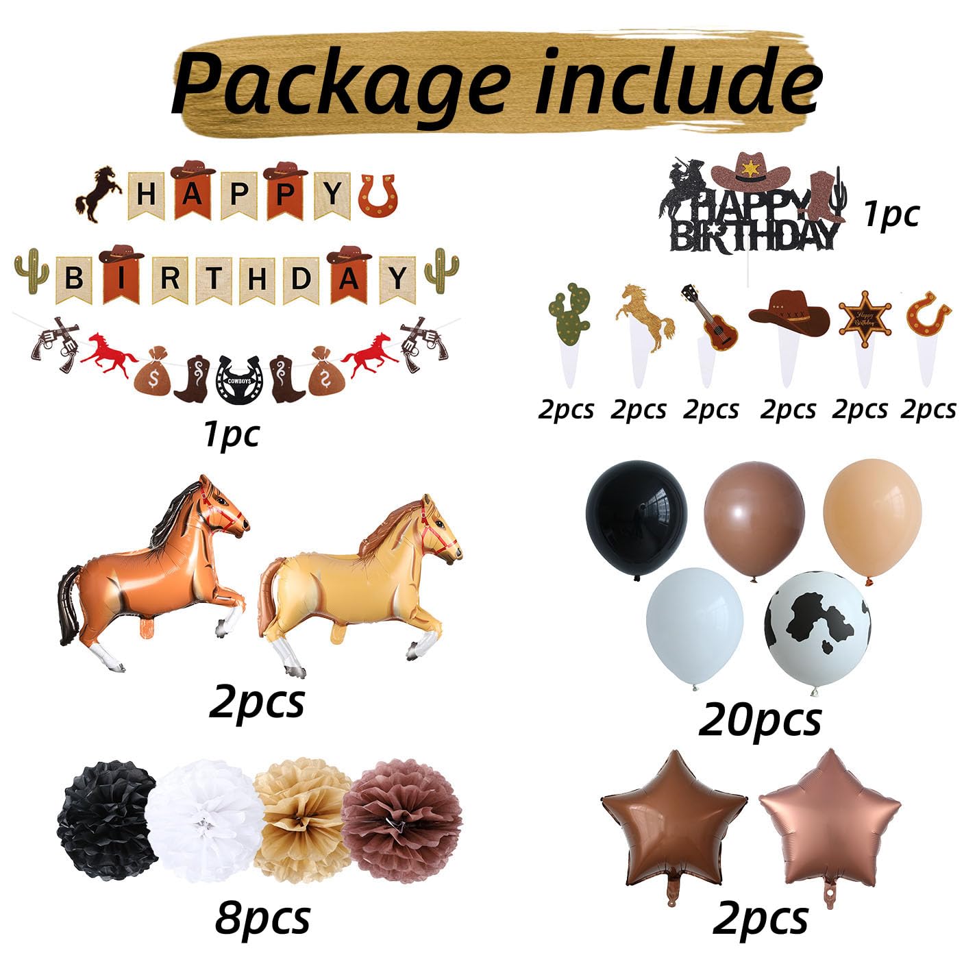Western Cowboy Birthday Party Decoration, First Rodeo Retro Theme Party Supplies for Boys With Birthday Banner Horse Balloon Kit Star Balloons Tissue Pom Poms Cake Toppers