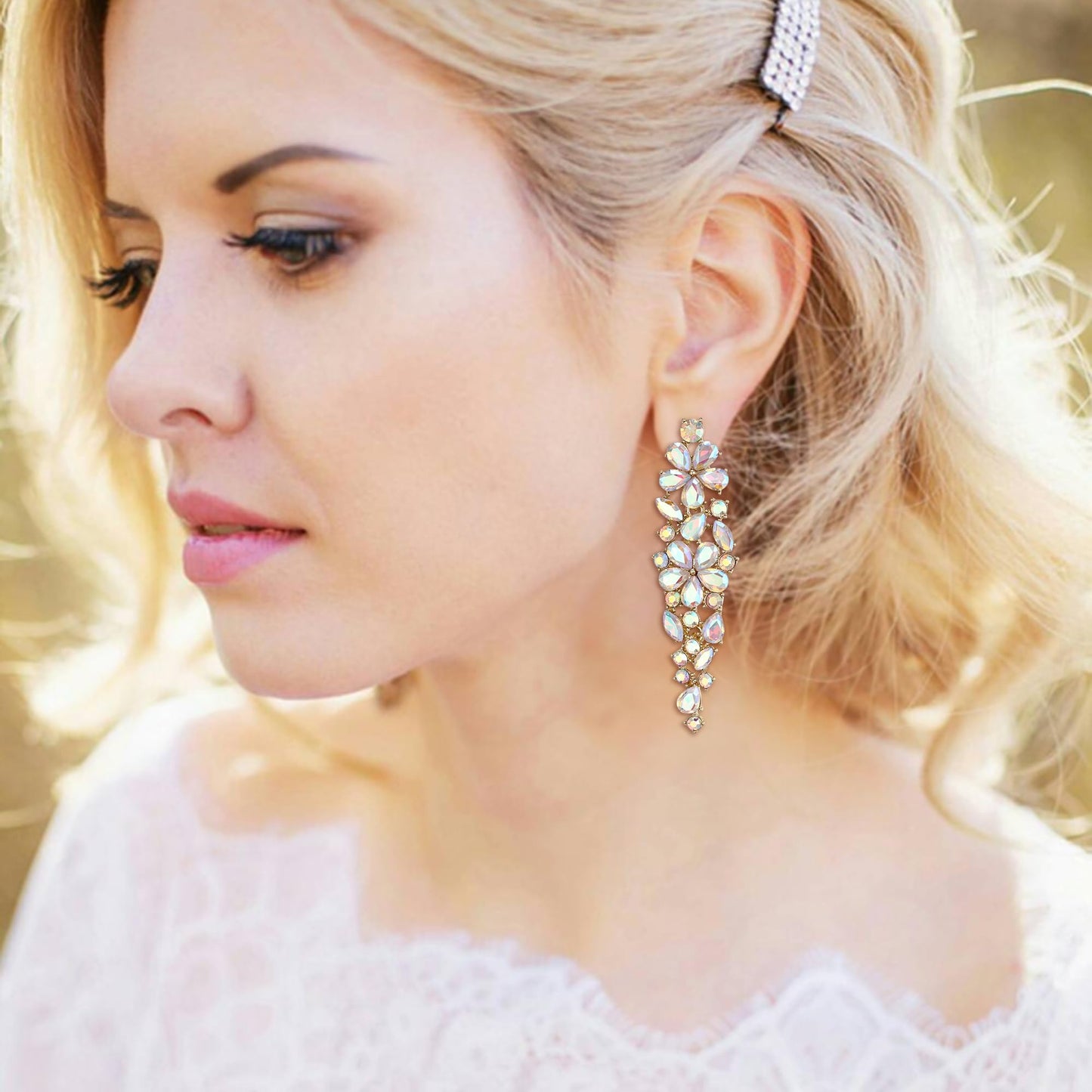 EleQueen Sparkle Marquise Rhinestone Crystal Statement Dangle Earrings for Women, Gold-Tone Iridescent Clear AB Crystals Art Deco Prom Chandelier Jewelry for Wedding Bridal