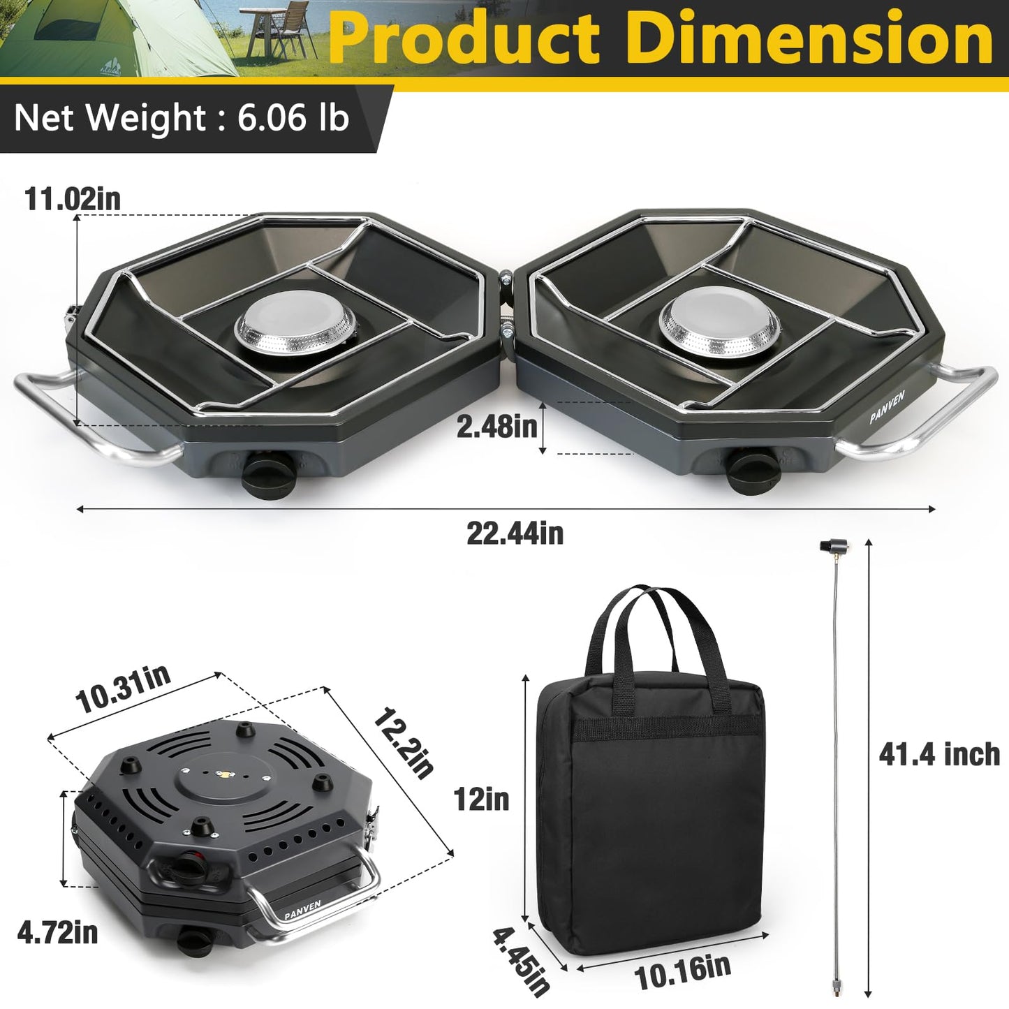 Camping Stove Propane, 2 Burner Camp Stove, 20,000 BTU Propane Camping Stoves, Portable Gas Stove with Windscreen, Storage Bag, Regulator for Picnic, BBQ, Tailgating