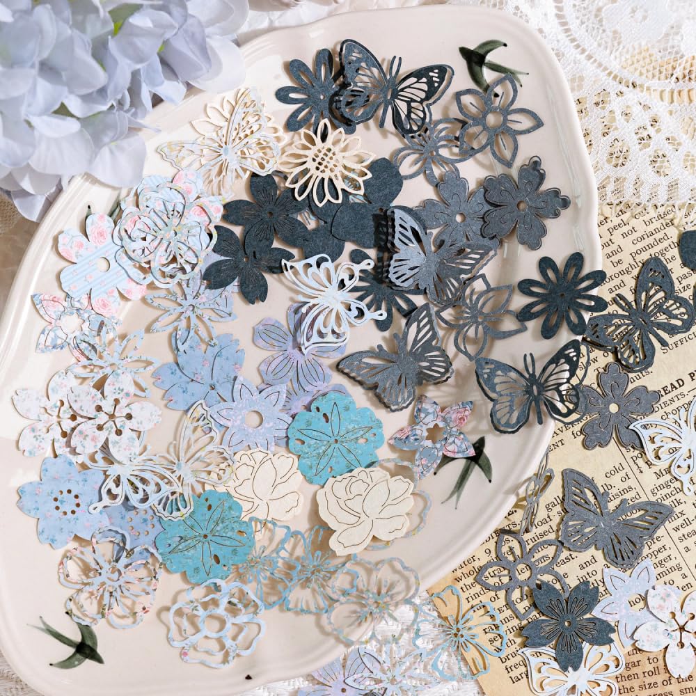 Diuhofart 300pcs Scrapbook Paper Cutouts Lace Flowers Butterfly for Scrapbooking Embellishments Supplies, Junk Journaling, Card Making, Mixed Media, Vintage Diecut Floral Collage Materials