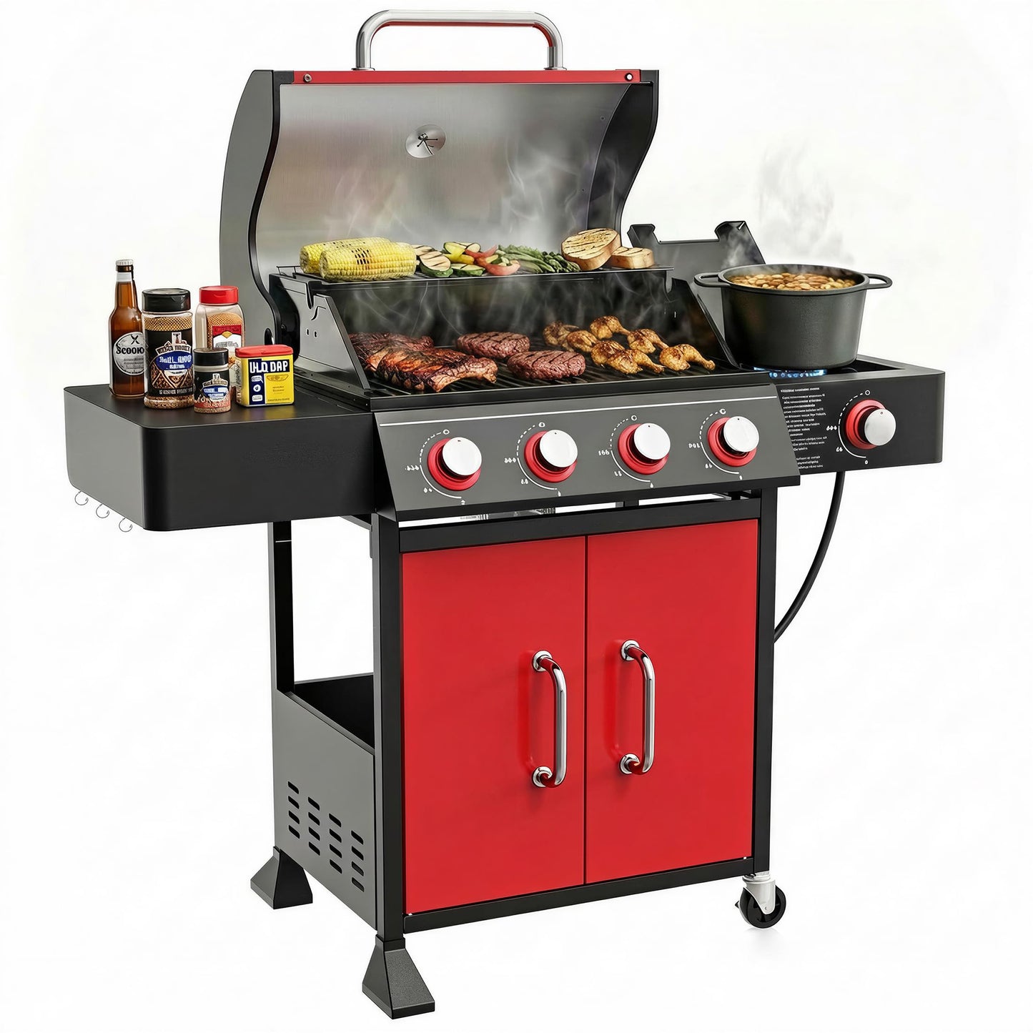 HUGROVE 4 Burner Propane Gas Grill with Side Burner, 601 Sq. In. Cooking Area with Warming Rack 51,000 BTU BBQ Grill with Porcelain-Enameled Cast Iron Grates for Outdoor Cooking