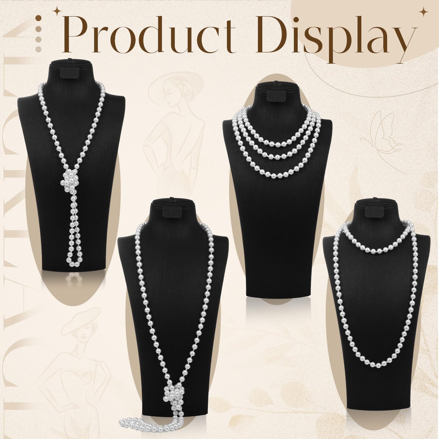 Aurelema 2 Pack Long Pearl Necklace for Women 1920s Costume Party Jewelry Faux Pearls Strand Beads for Ladies(60 Inches,8 mm,Classic,Cream White)