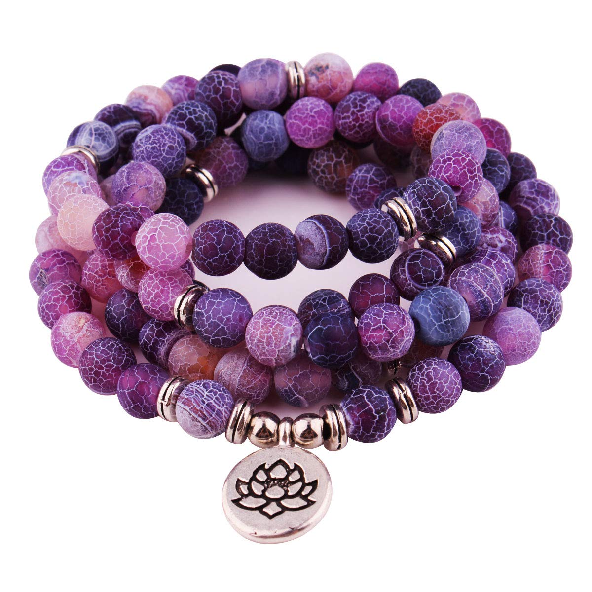 GVUSMIL 8mm 108 Mala Beads Wrap Bracelet Necklace for Yoga Charm Bracelet Natural Gemstone Jewelry for Women Men (Purple Weathered Stone)