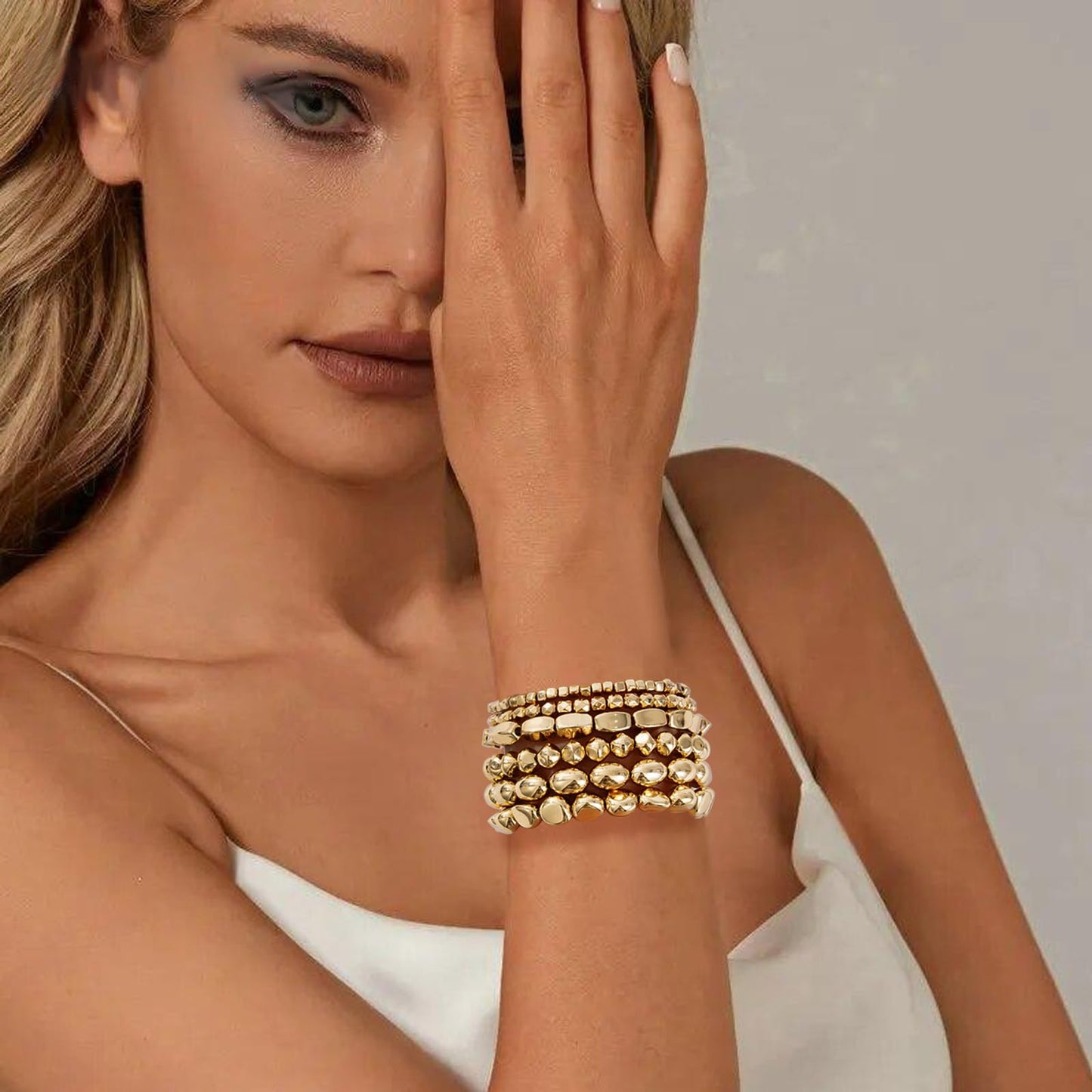 Sajidos Gold Plated Beaded Bracelets for Women Trendy, 14K Gold Plated Stack Cross Pearl Bead Stretch Bracelets Set Elastic Hypoallergenic Bracelets Jewelry Gifts (style4)