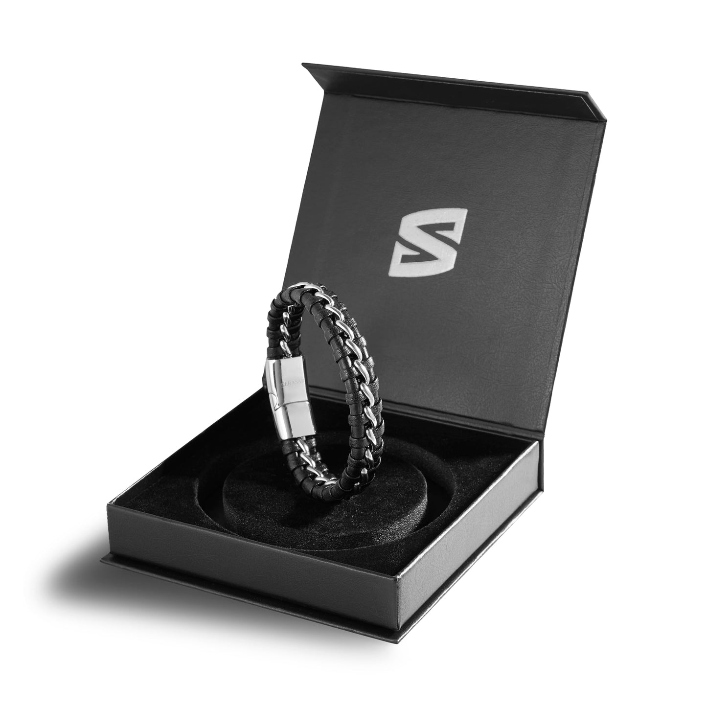 SERASAR Mens Leather Bracelets African Bracelet for Men Silver Cowhide Gift Box Braided Stainless Steel Jewelry Wrist Band Cuff Wrap Rope Bangle Dad Man Pulseras para Hombres Cuero Regalo