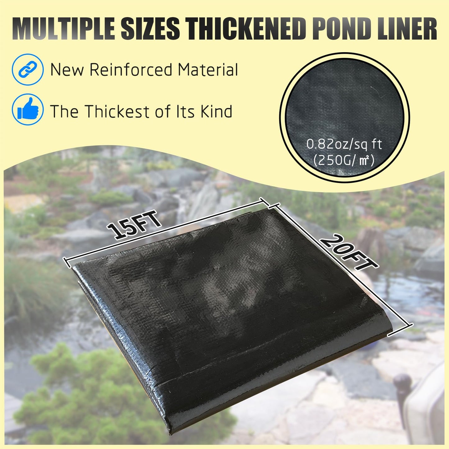 15X20FT Reinforced PE Pond Liner, KOI Pond Liners for Outdoor Ponds, Enhanced 5-Layer Structure Pond Liner for Fish, Duck, Garden Raised Bed and Waterscape Pond(0.82oz/sq ft Thickness)