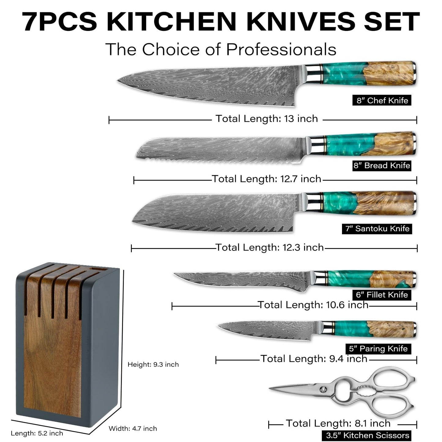 7-Piece Damascus Knife Block Sets, Damascus Knife Set for Professional Chefs, Cutlery Kitchen Scissors and Knives, Premium Razor Sharp Professional Chef Knife with Kitchen Shears and Block Set
