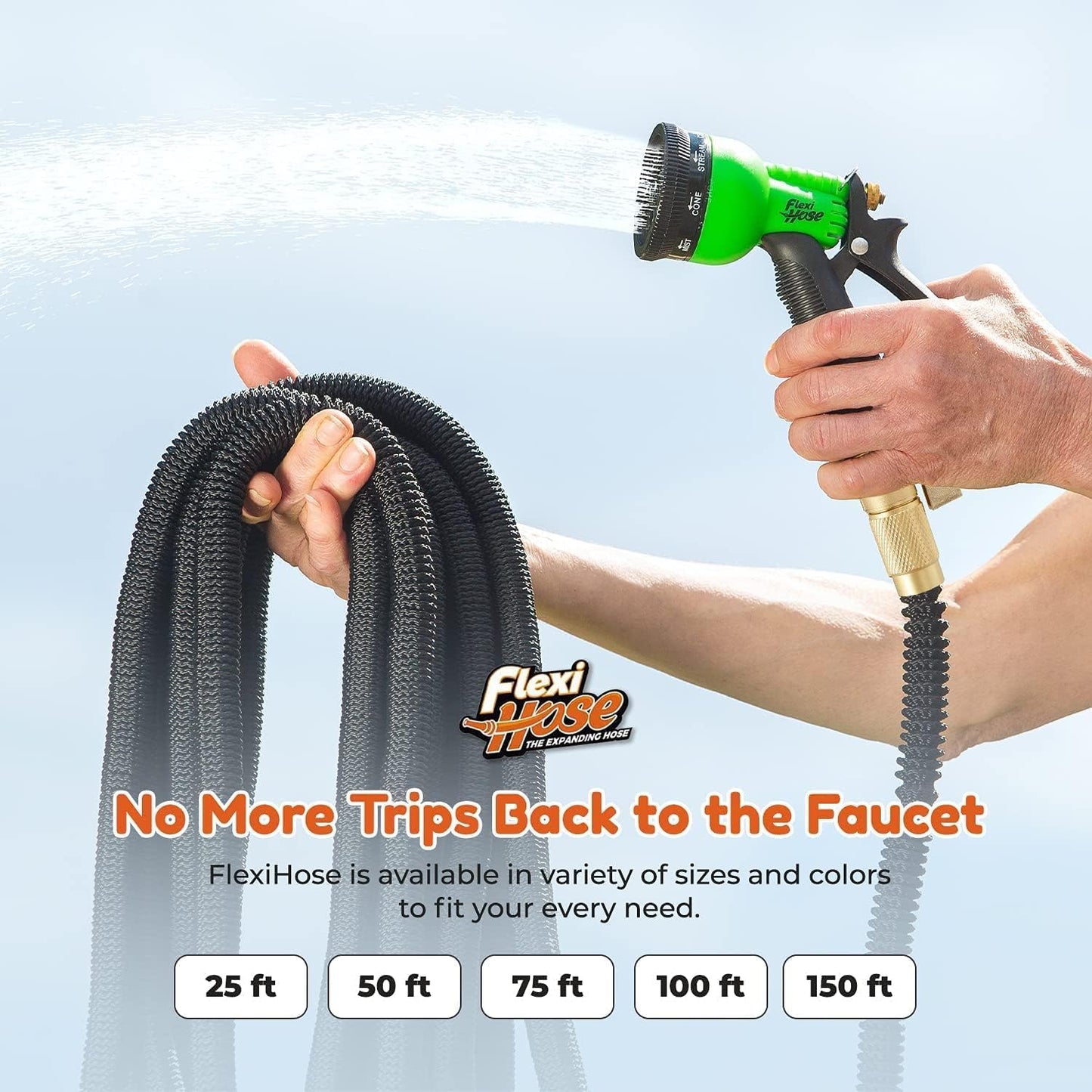 Flexi Hose Plus Expandable Garden Hose with 8 Function Nozzle, 75FT - Lightweight Retractable Garden Hose, Water Hose - No-Kink Flexibility, 3/4 Inch Solid Brass Fittings Includes Hook & Bag