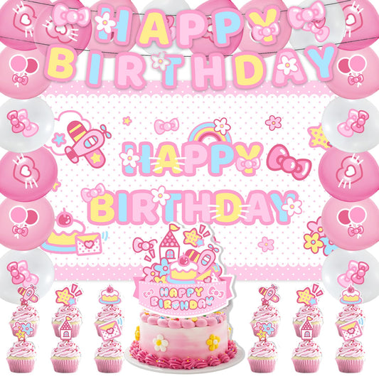 42Pack Kitty cat Party decoration pack include Banner,Cake Toppers,Balloons，Blackdrop for Kitty Birthdday Party Decoration