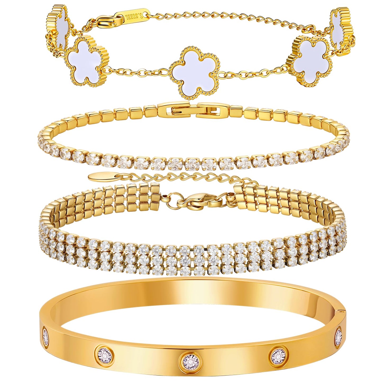 MVCOLEDY 18 K Gold Plated Love Bracelet Stack for Women 4-Piece Bracelet Shell Floral Clover Chain, Tennis Chain and Crystal Gold Bangle, Love Bracelet Design Gift Jewelry for Valentines Day