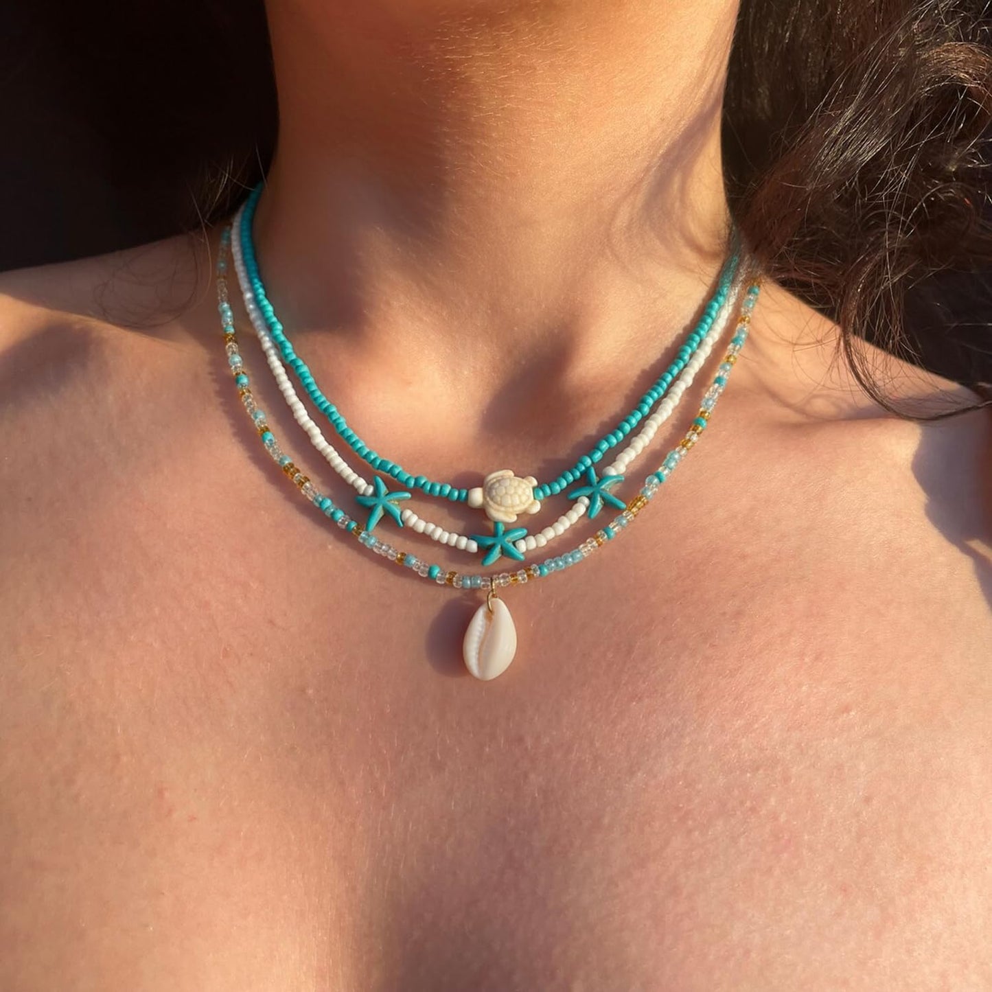 Lameybrt Cowrie Shell Surfer Necklaces, Hawaiian Beach Handmade Choker Set for Women, White Rice Bead with Black Accents, Bohemian Summer Seashell Choker 2 Piece Set, Perfect for Summer Beach Vacation, Birthday, Mother’s Day & Holiday Gifts (Shell 25 Blue