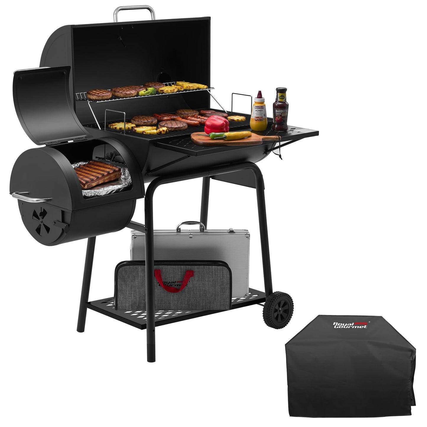 Royal Gourmet CC1830FC 28-Inch Barrel Charcoal Grill with Offset Smoker, 840 Sq. In. Cooking Area, Front Shelf, Charcoal Grill for Outdoor Grilling and Backyard Cooking, Black