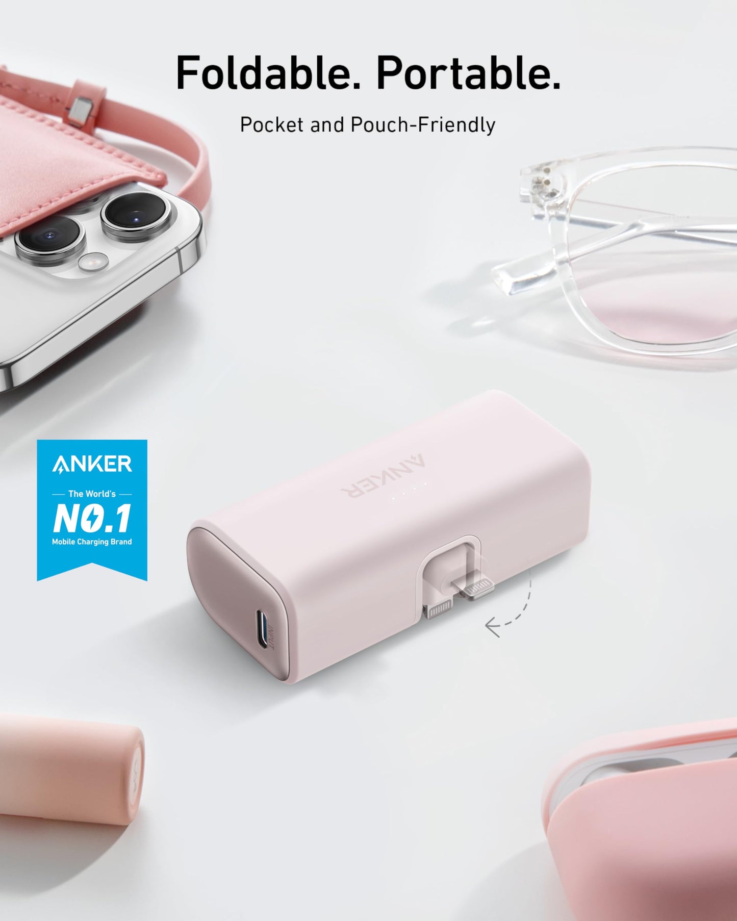 Anker Nano Portable Charger for iPhone, with Built-in MFi Certified Lightning Connector, Power Bank 5,000mAh 12W, Compatible with iPhone 14/13/12 Series (Pink)