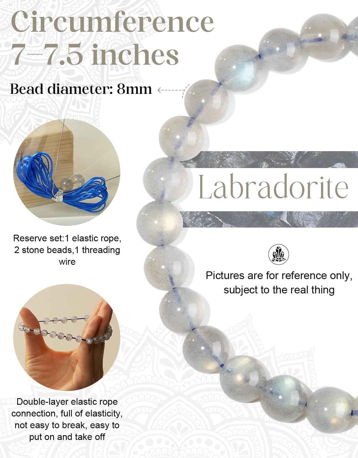 Landorilo Beaded Bracelet for Men Women, 8mm Natural Stone Labradorite Healing Crystal Stretch Bracelets, Ideal Christmas Birthday Jewelry Gifts with Energy Card，Replacement Beads Included