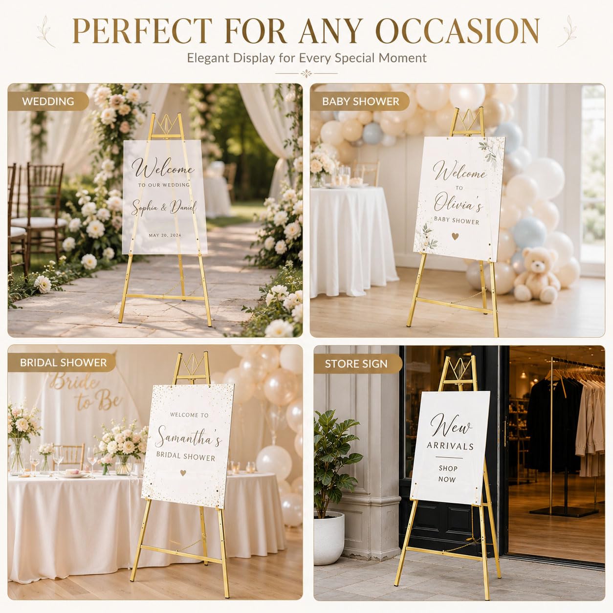 57.5" Gold Easel Stand for Wedding Sign, Heavy Duty Metal Display Stand, 4-Tier Height Adjustable Easel for Art, Paintings, Welcome Signs, Posters, and Décor, Simply Assembly Required