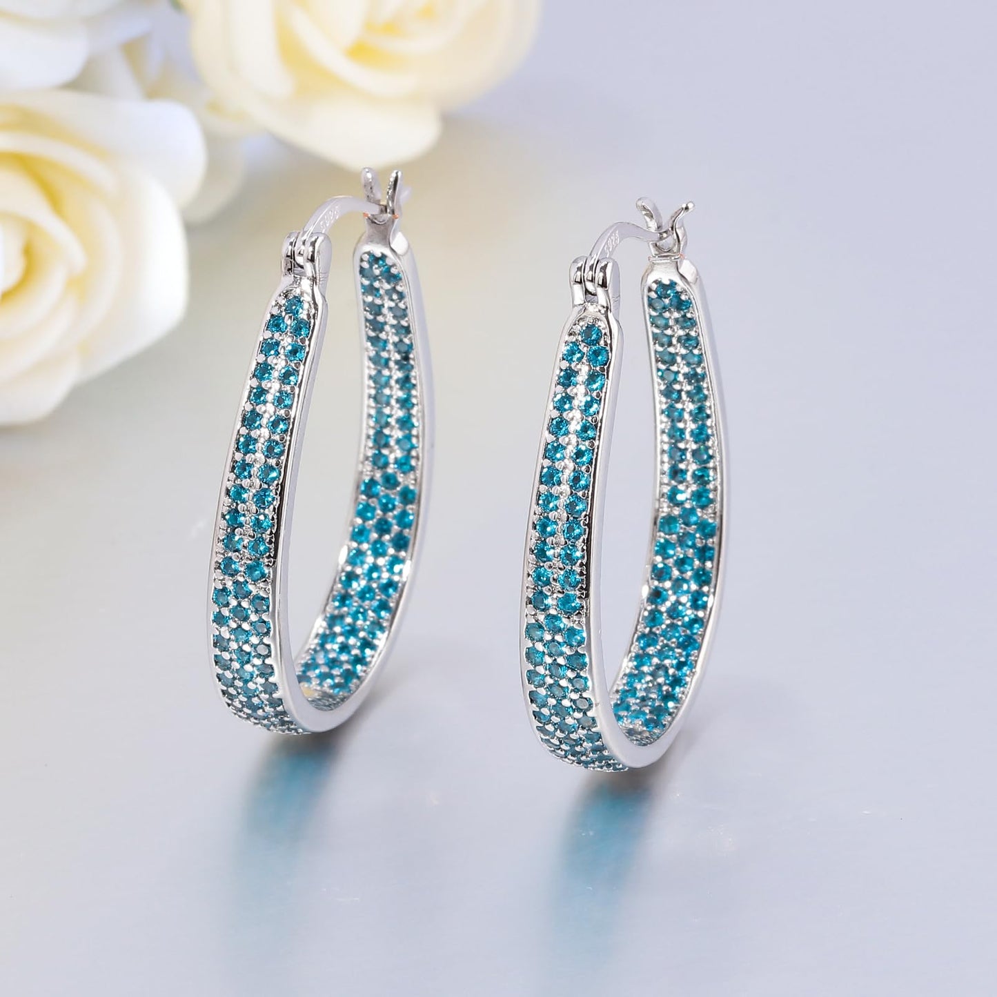 CiNily 925 Sterling Silver Post Hoop Earrings for Women Aquamarine Cubic Zirconia Hoop Earrings 14K White Gold Plated Oval Hoops Chunky Gemstone Earrings Jewelry