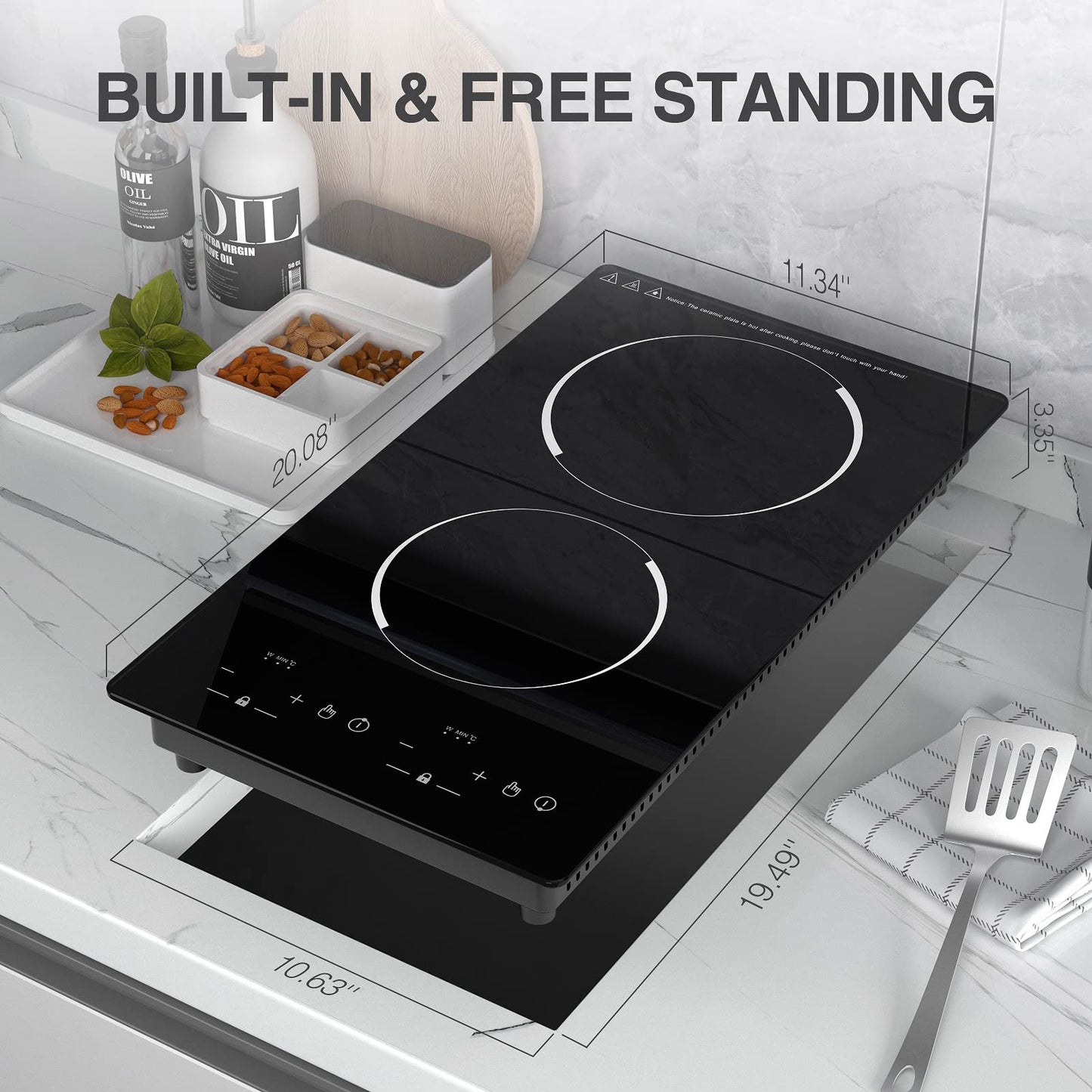 GTKZW 12“ Induction Cooktop, Double Induction Cooktop 2 Burner 110v-120v Electric Stove Top, Countertop and Built-in, 9 Power Levels, Child Lock, 120 Mins Timer