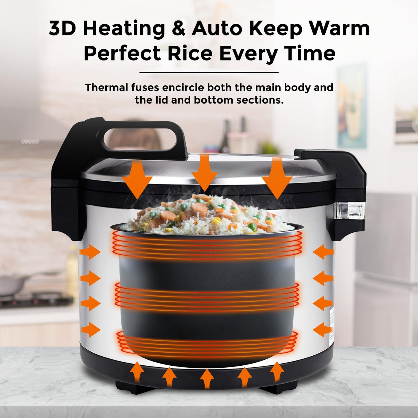 Commercial Stainless Steel Rice Cooker - Professional 64 Cup Cooked (32 Cup Uncooked) Rice Maker Cooker With Non Stick Pot & Hinged Lid - Includes a Rice Measuring Cup & Rice Scoop