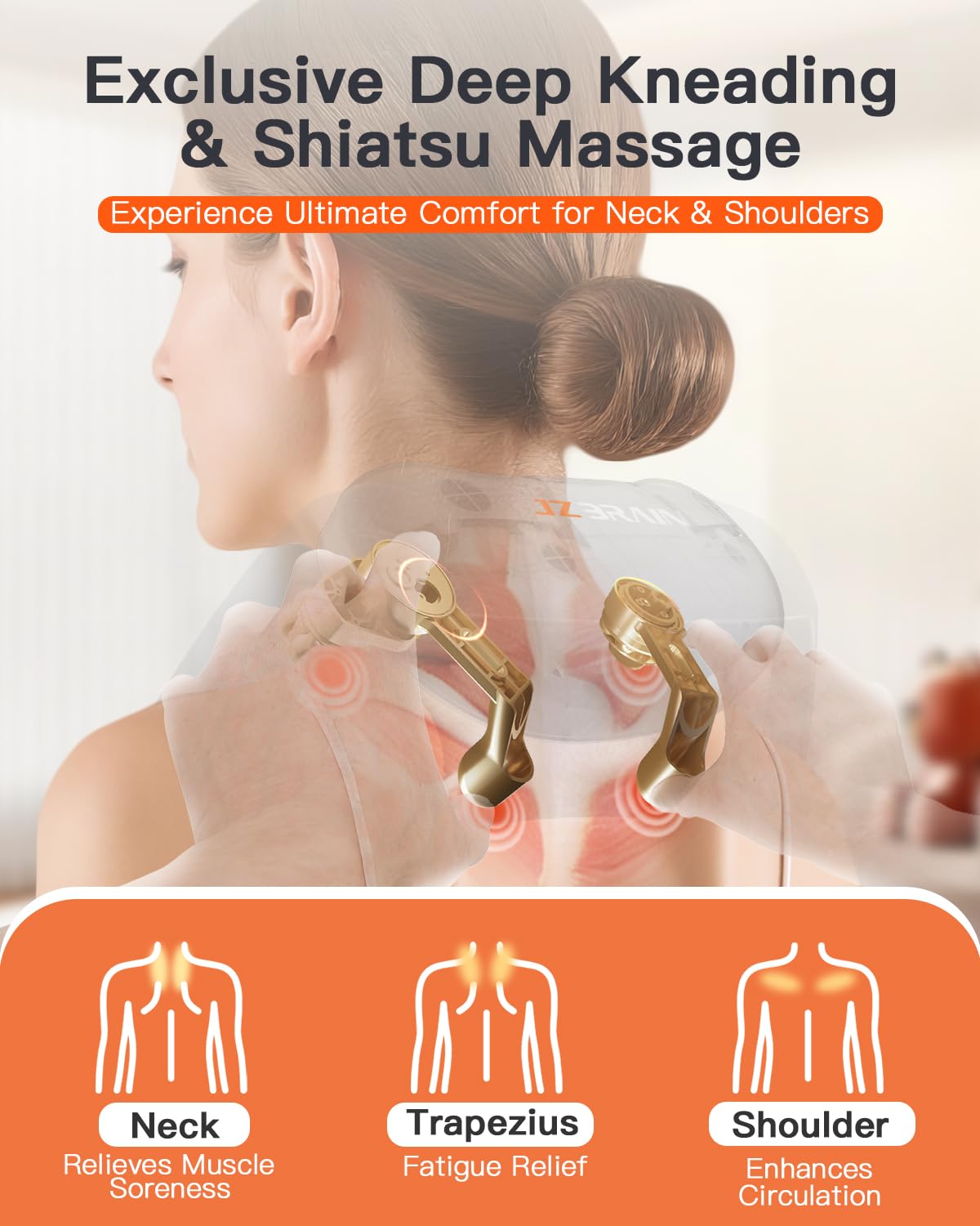 JZBRAIN Neck and Shoulder Massager with Heat – Cordless Shiatsu Neck Massager for Pain Relief Deep Tissue - Adjustable Speed & Modes Kneading Massage for Back - for Men Women