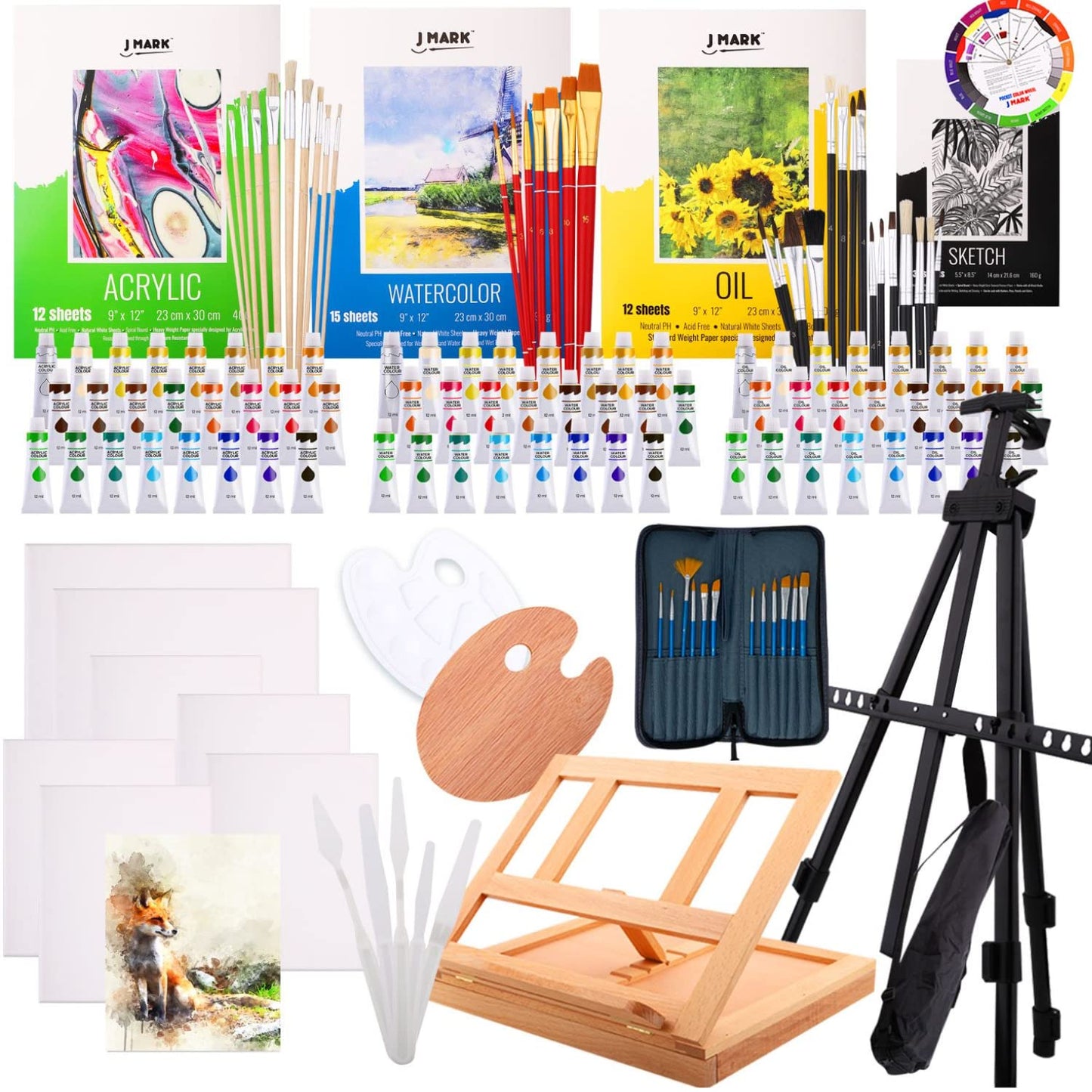 J MARK Painting Kit for Adults, Oil Paint Set- All in Deluxe Acrylic, Watercolor and Oil Painting Set