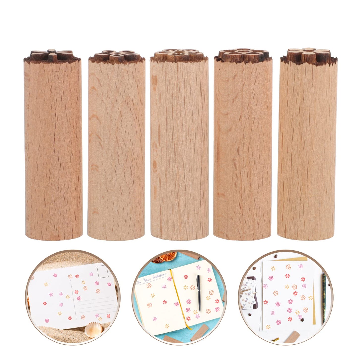 EXCEART 5Pcs Wood Texture Flower Stamps for Clay Pottery Crafting Natural Wooden Daisy Stamps for Scrapbooking and Kids Floral Art Projects