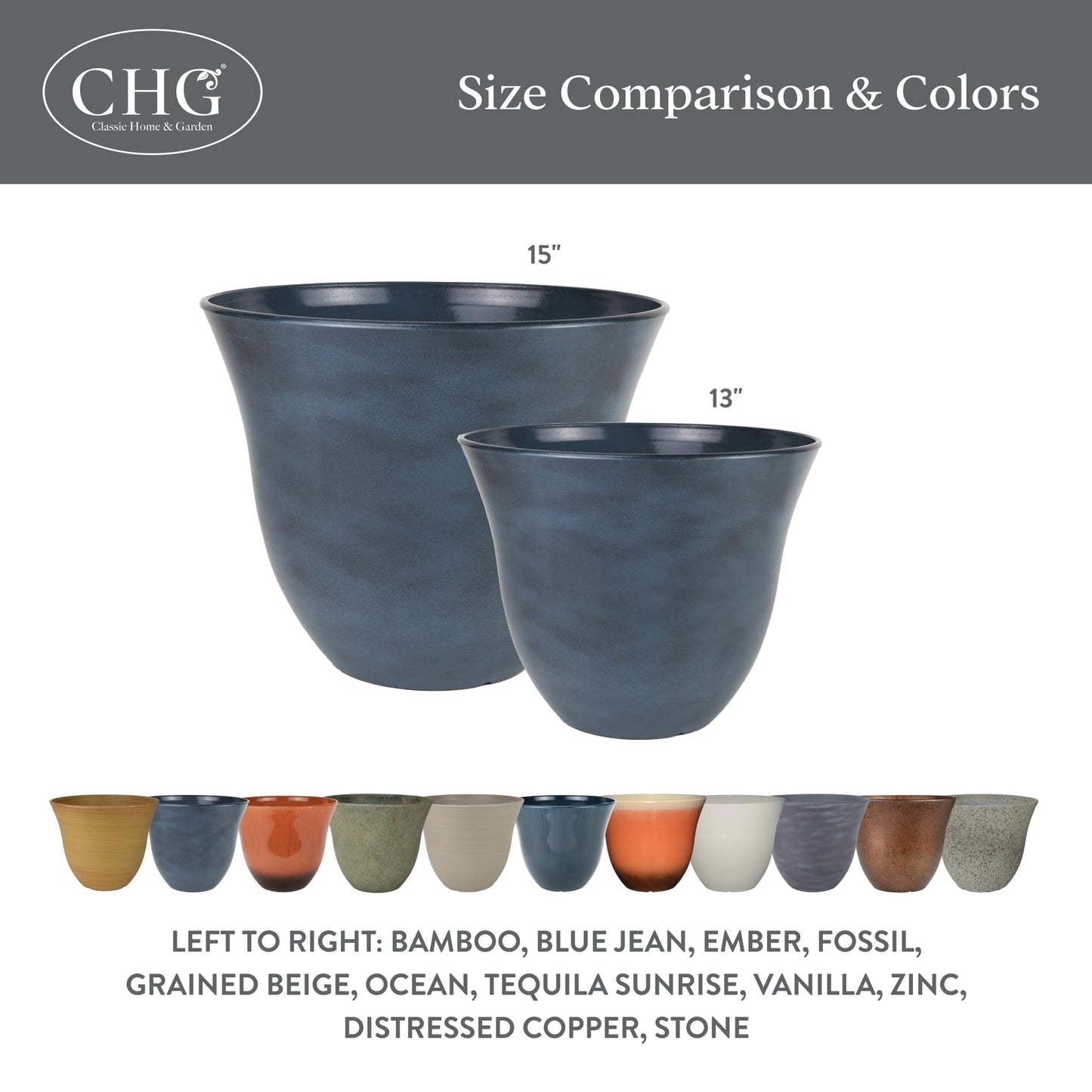 Classic Home and Garden by Growscape Honeysuckle Resin Planters - Lightweight Indoor & Outdoor Plant Pots - UV-Resistant Plastic Flower Pots - Pot Planters for Flowers & Herbs (13", Blue Jean)