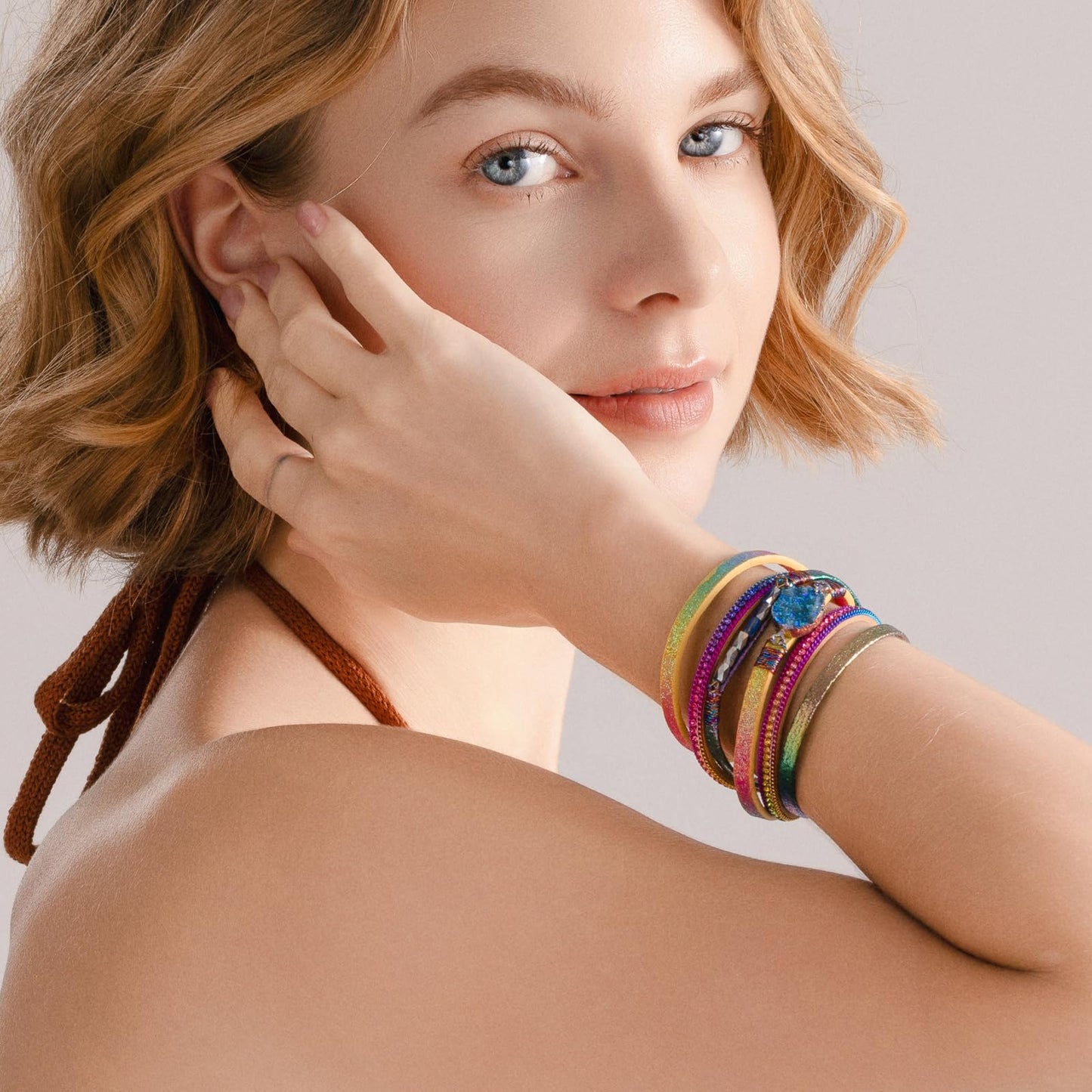FANCY SHINY Boho Leather Wrap Bracelet Stackable Chunky Crystal Cuff Bracelets with Magnetic Clasp Cowboy Cowgirl Western Summer Beach Outfits Jewelry Gifts for Women (14.7", Rainbow)