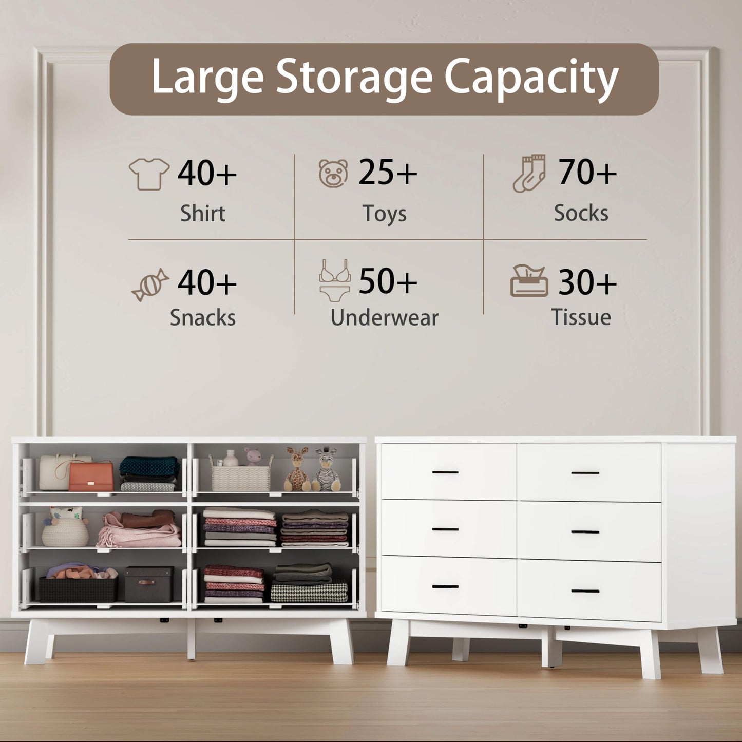 Xixini Dresser for Bedroom, 6 Drawer Wide Modern Chest of Drawers with X-Shaped Sturdy Base, Wood Double Dresser Closet Clothes Storage Organizer, Wooden TV Stand for Living Room, Hallway, White
