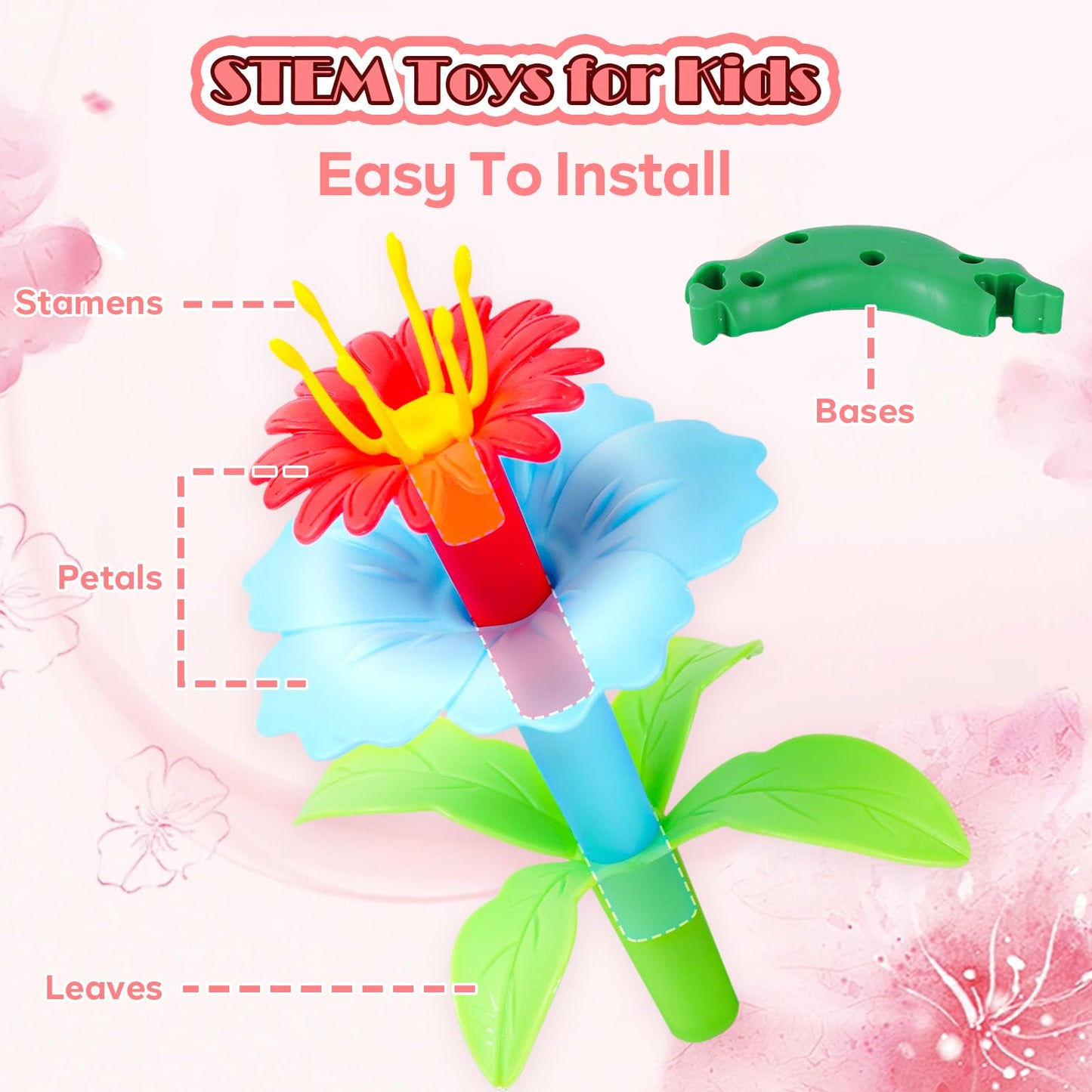 FUNZBO Girl Flower Garden Building Toys Set - Birthday Gifts for Age 2 3 4 5 6 Years Old Girls, STEM Montessori Educational Toy for Toddler Kids, Sorting & Stacking Spring Gardening Set