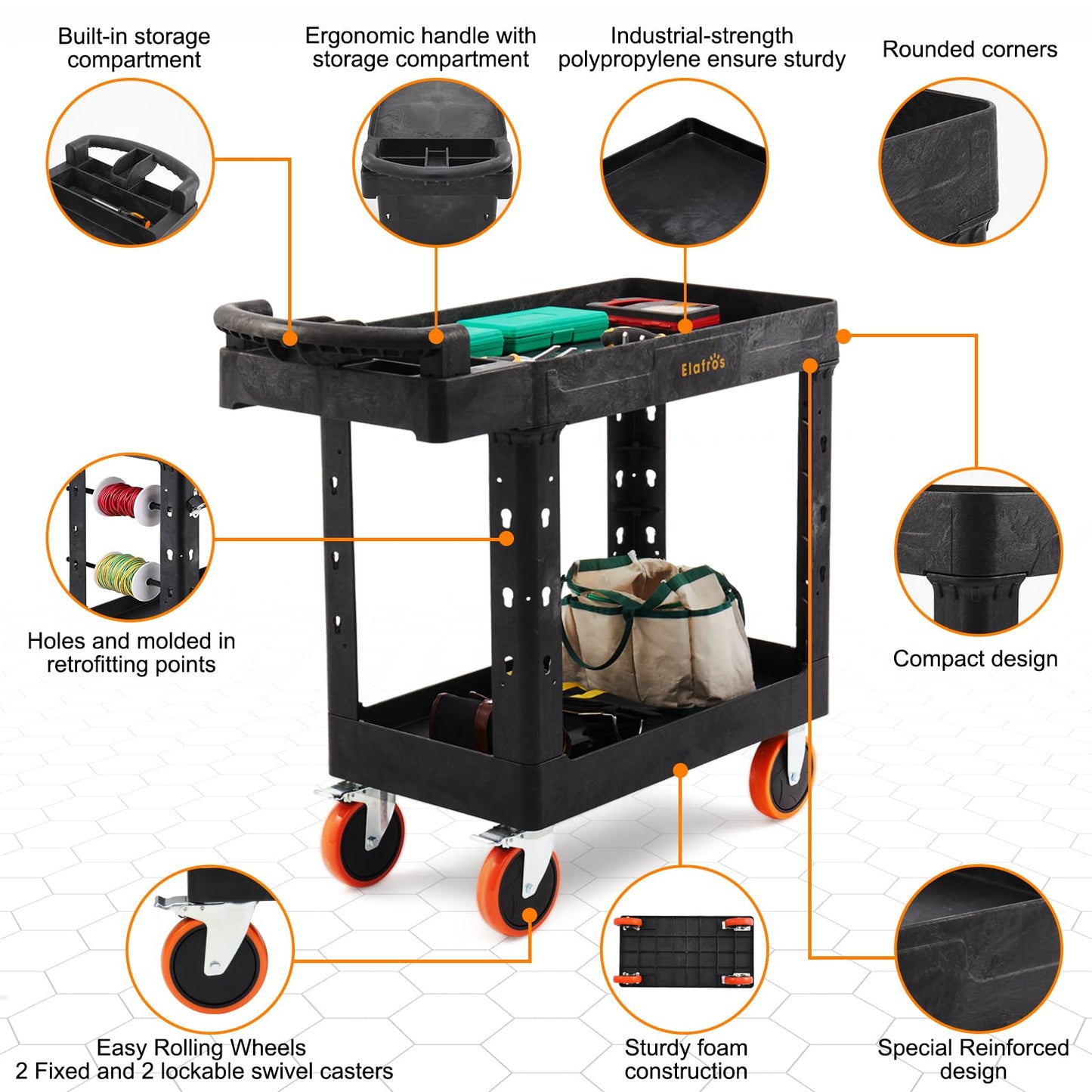 ELAFROS Heavy Duty Plastic Utility Cart 41.3 x 17 Inch - Ergonomic Handle Work Cart Storage W/Deep Shelves and 2 Fixed 2 Swivel Wheels Safely Holds up to 550 lbs - 2 Tier Service Cart with 6" Wheels