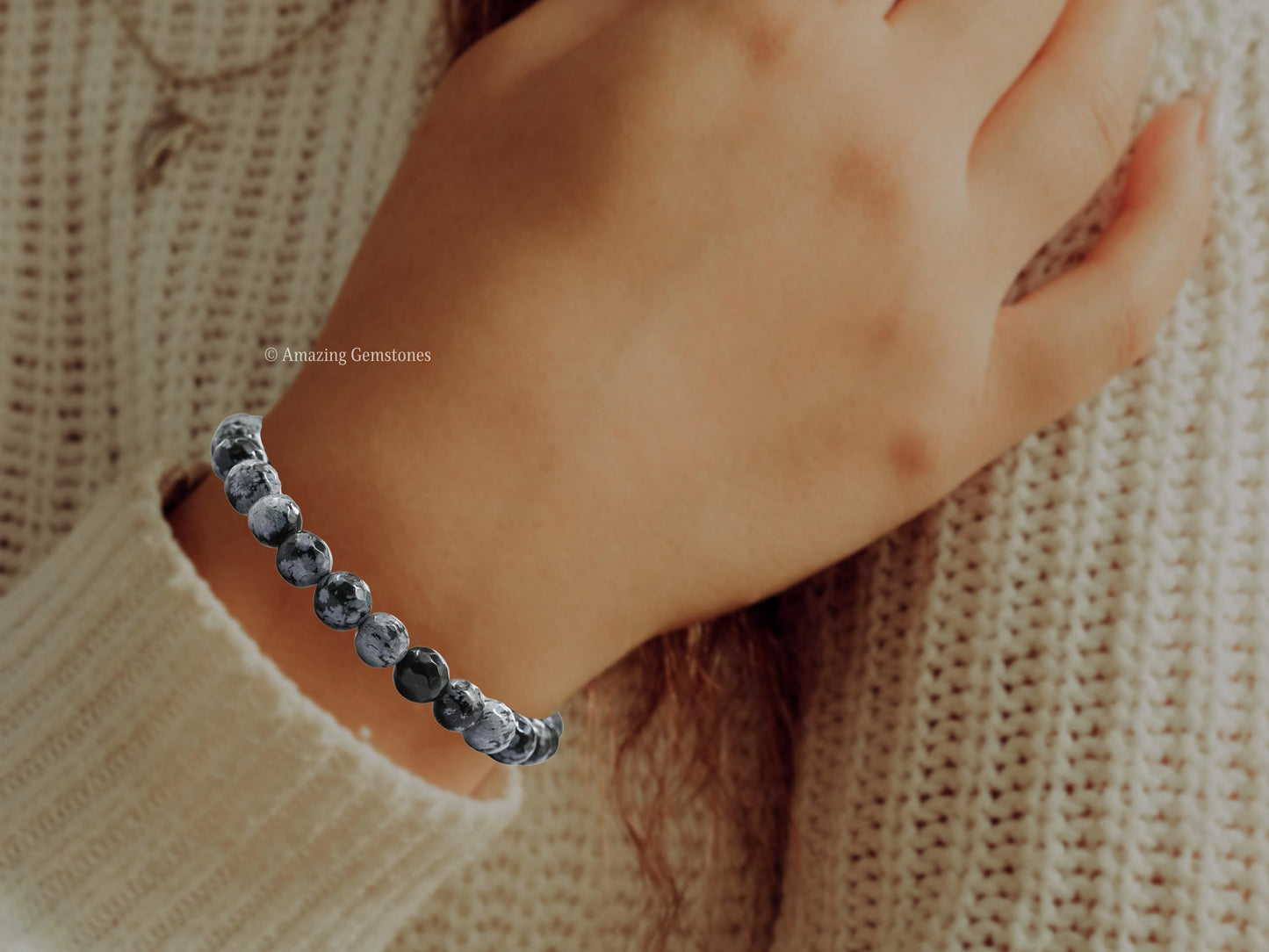 Amazing Gemstone Snowflake Obsidian Bracelet for Women - Chakra Mens Bracelet Protection Crystals and Healing Stones - Blessing Spiritual Meditation (Faceted Beaded Bracelet, Adjustable)