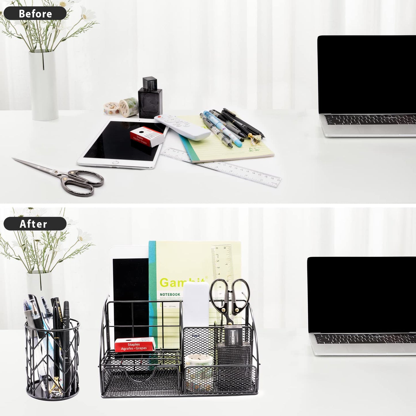 KAAKOW Black Desk Organizers and Accessories Office Supplies Set Stapler, Pen Holder, Phone Holder, Scissors, Pen, Ruler, 30 Paper Clips, 22 Binder Clip, 20 Tacks and 1000pcs Staples