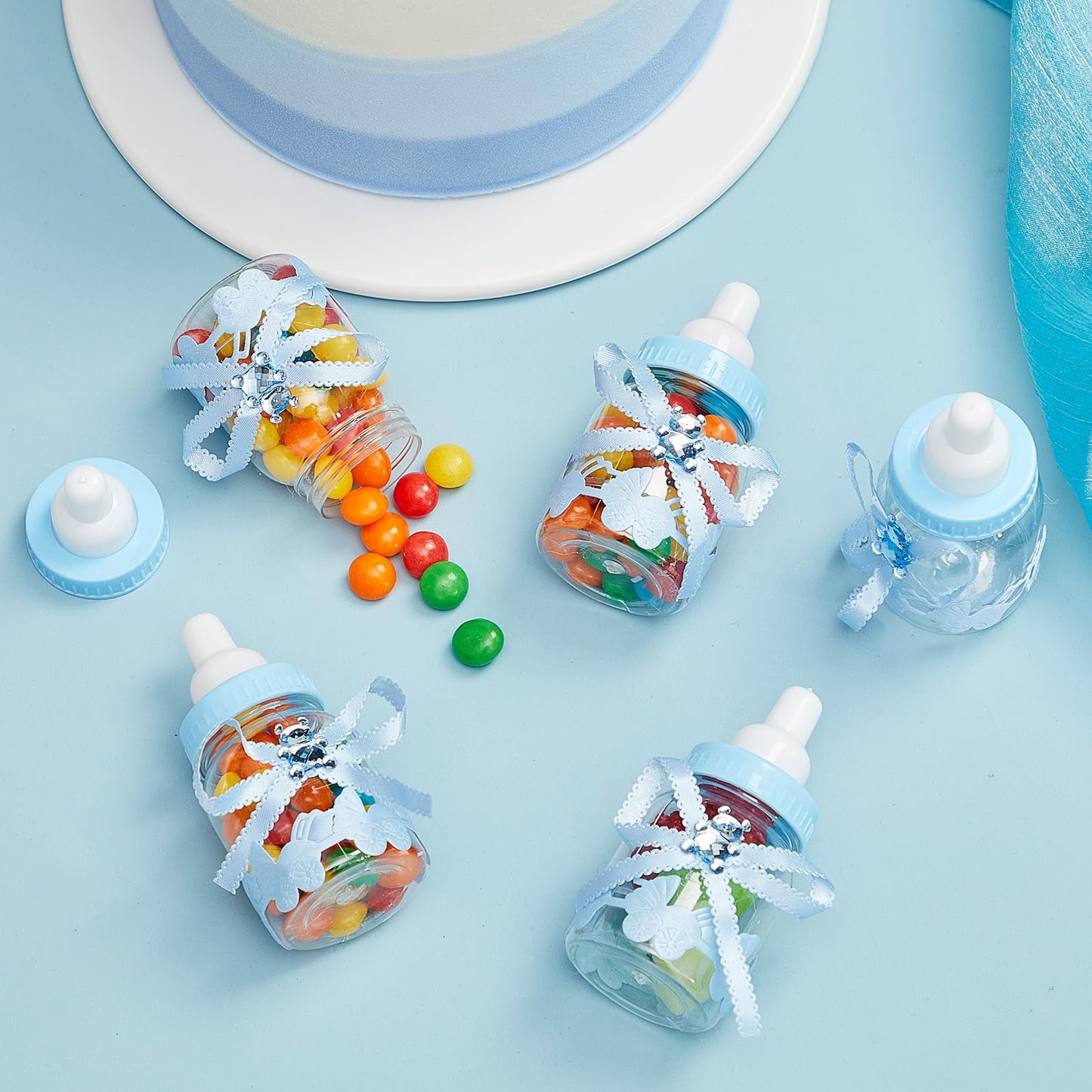 Nuenen 36 Pcs Baby Bottle Party Favors Plastic Mini Milk Bear Bottles for Baby Shower Decorations and Centerpieces Candy Jar with Ribbon for Gifts(Blue,Stylish)