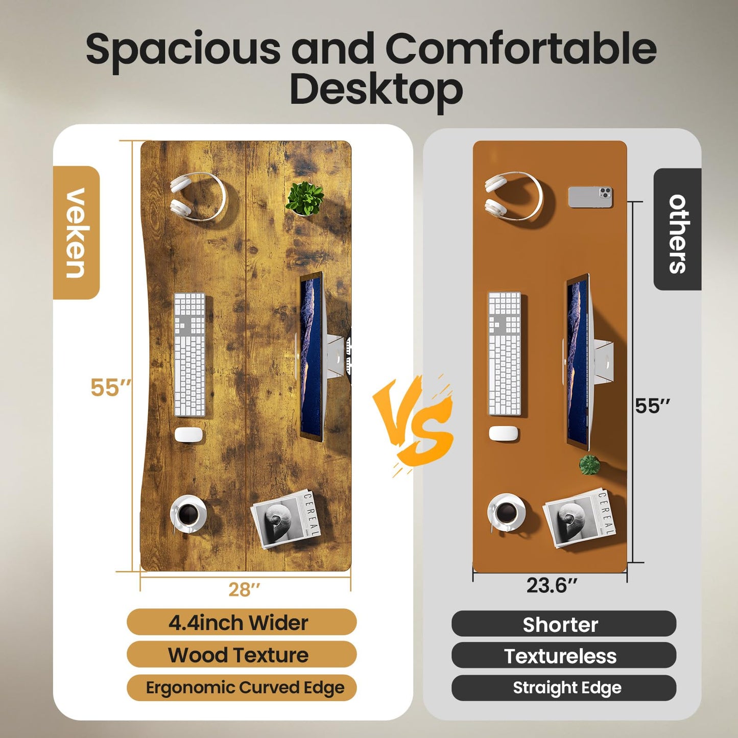 Veken 55 x 28 Inch Electric Standing Desk, Sit to Stand Up, Work Home Office Computer Table for Study, Walking Pad, Writing, and Games, Wooden Desktop Desks, Brown