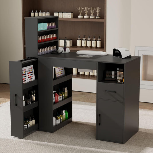 GOFEI Professional Nail Desk for Nail Tech with Storage Cabinet and Fan – Modern Nail Table for Salon, Nail Tech Table with Drawer, Armrest & Dust Collector,Manicure Table Nail Desk (Black)
