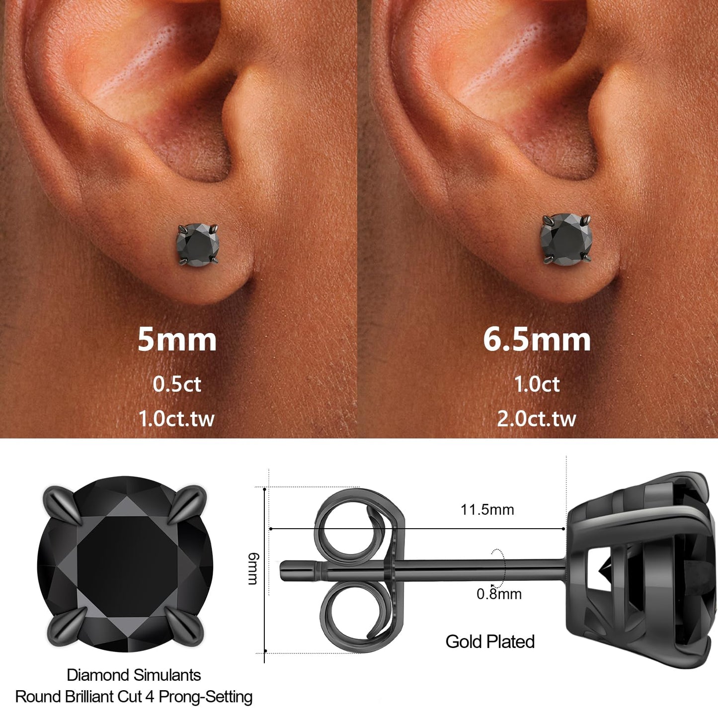 KRKC Moissanite Earrings for Men Women, Black Diamond Earrings for Men, D Color VVS1, 925 Sterling Silver Solitaire Stud Earrings, Black Tone Plated Earrings for Men, Valentine's Day Gifts, 1.6Carats