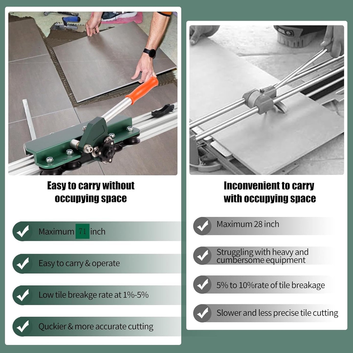 Manual Tile Cutter, Large Format Ceramic Tile Cutting Tool with Built-in Suction Cups & Tile Clamp, 3-Head Scoring Wheel System, for Up to 0.47-Inch Thick Tiles