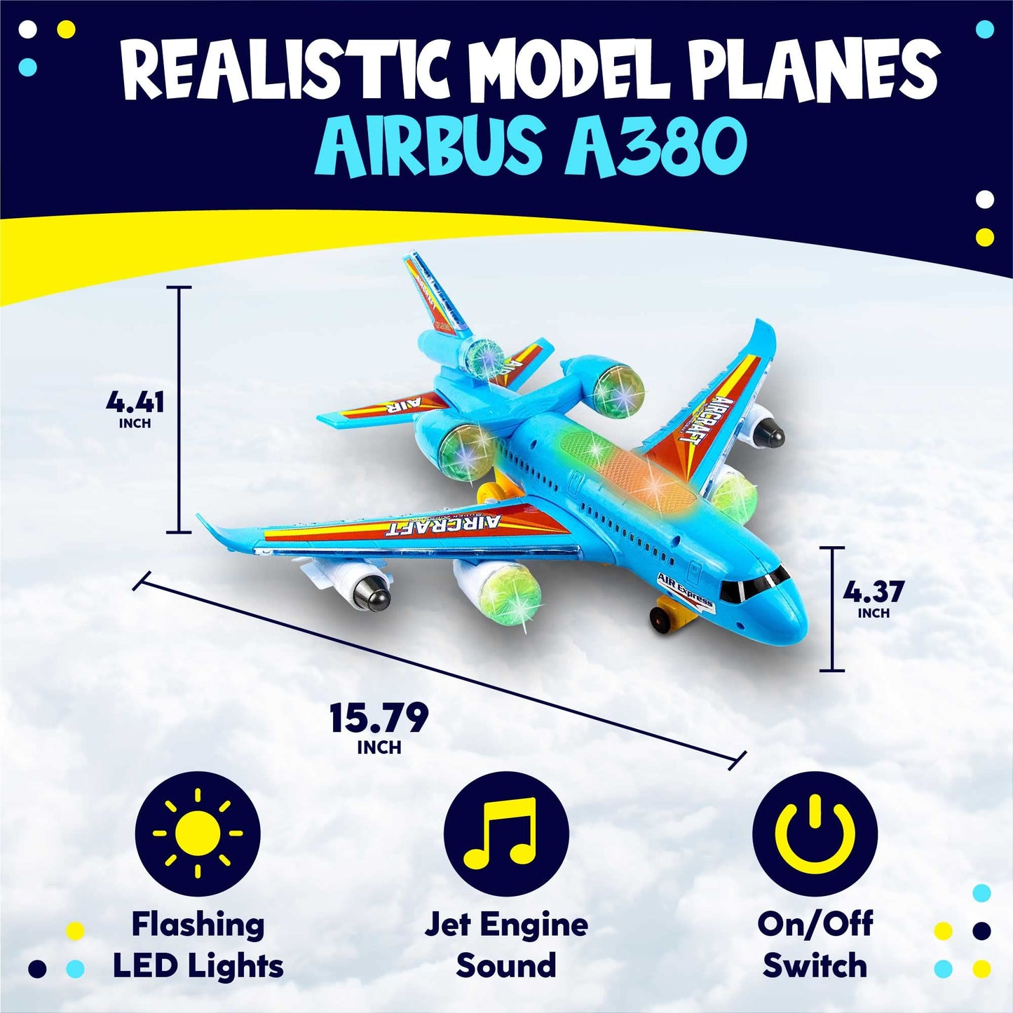 Toysery Airplane Toys for Kids, Bump and Go Action, Toddler Toy Plane with LED Flashing Lights and Sounds. Ideal for Boys & Girls 3-12 Years Old (Airbus A380) (Airplane)