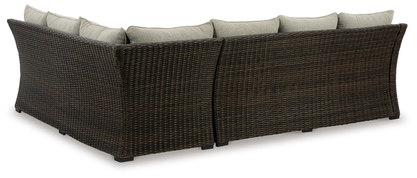 Signature Design by Ashley Brook Ranch Casual Nuvella Weather Resistant Fabric Right Hand Facing Outdoor Sofa Sectional/Bench with Cushion and 6 Throw Pillows, Set of 3, Beige & Dark Brown