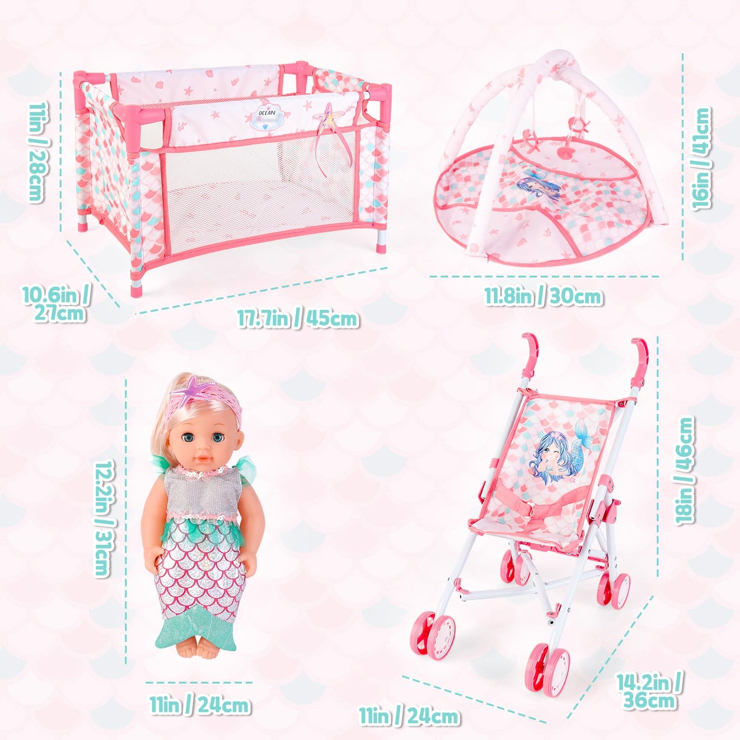 deAO Baby Doll Stroller Playset,5-in-1 with 12-inch Doll Included,Foldable Stroller,Crib Bed & Play Mat - Fits 12 14 Inch Dolls,Pink Travel Toy Set for Toddlers Girls Boys