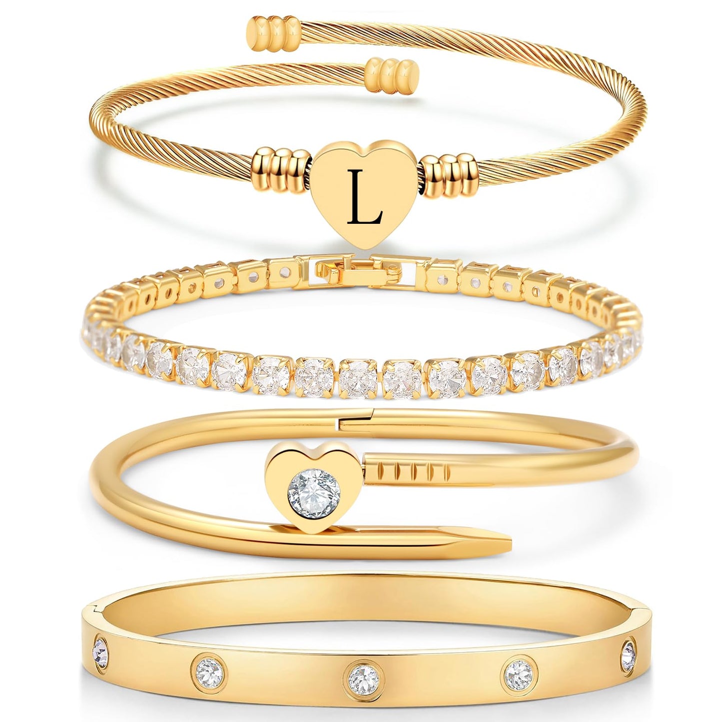 MEIERYA18K Gold Plated Nail love Bangle Bracelet Set for Women,Cubic Zirconia,Adjustable tennis bracelet Trendy Gift Jewelry for Mother's Day Anniversary (10-Style-L)