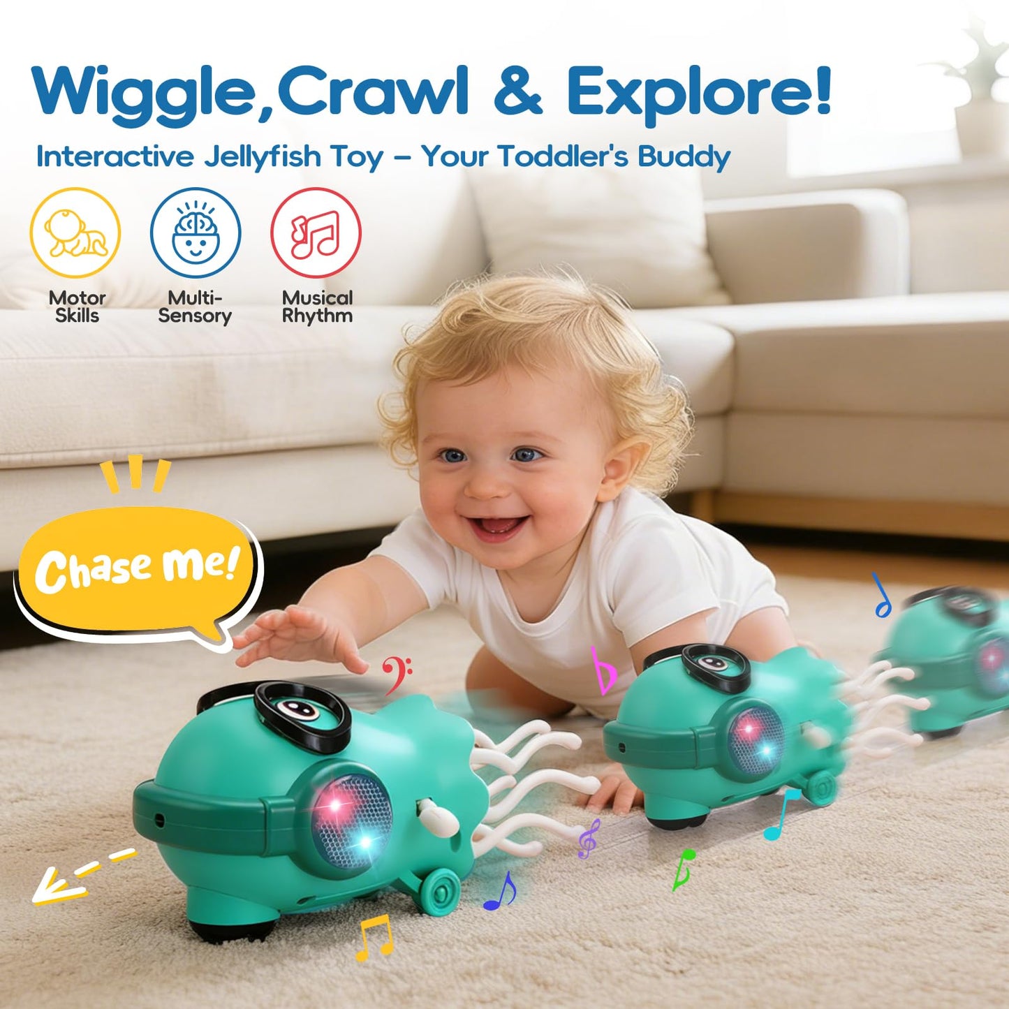 GONINO DJ Dancing Jellyfish Baby Toys, Musical Crawling Tummy Time Toys with LED Light & Smart Obstacle Avoidance, 360° Spin Sensory Toys for Toddlers, Kids Toys Birthday Gifts for Boys Girls, Green