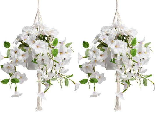 TrueBloom Artificial Hanging Flowers with Basket for Outdoors, 2 Pack Fake Petunia Flowers UV Resistant, Realistic Faux Hanging Plants for Home Porch Patio Garden Balcony Yard Decor (White)